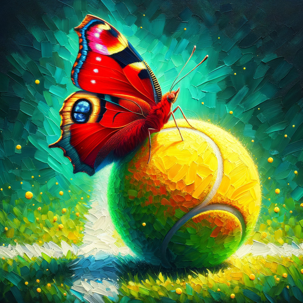 Red Butterfly on Yellow Tennis Ball with Abstract Background