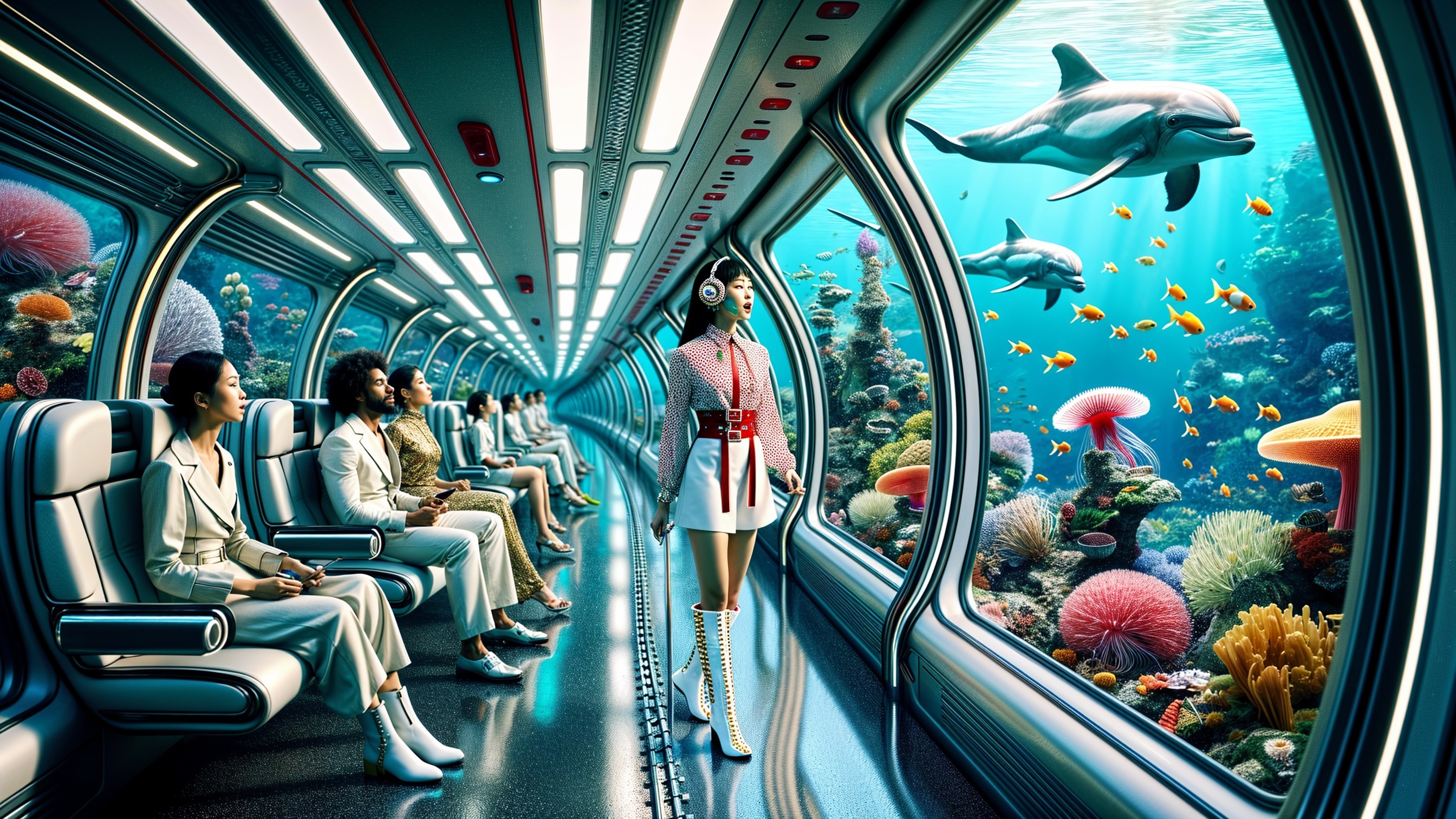 Futuristic Underwater Train Interior with Marine Life