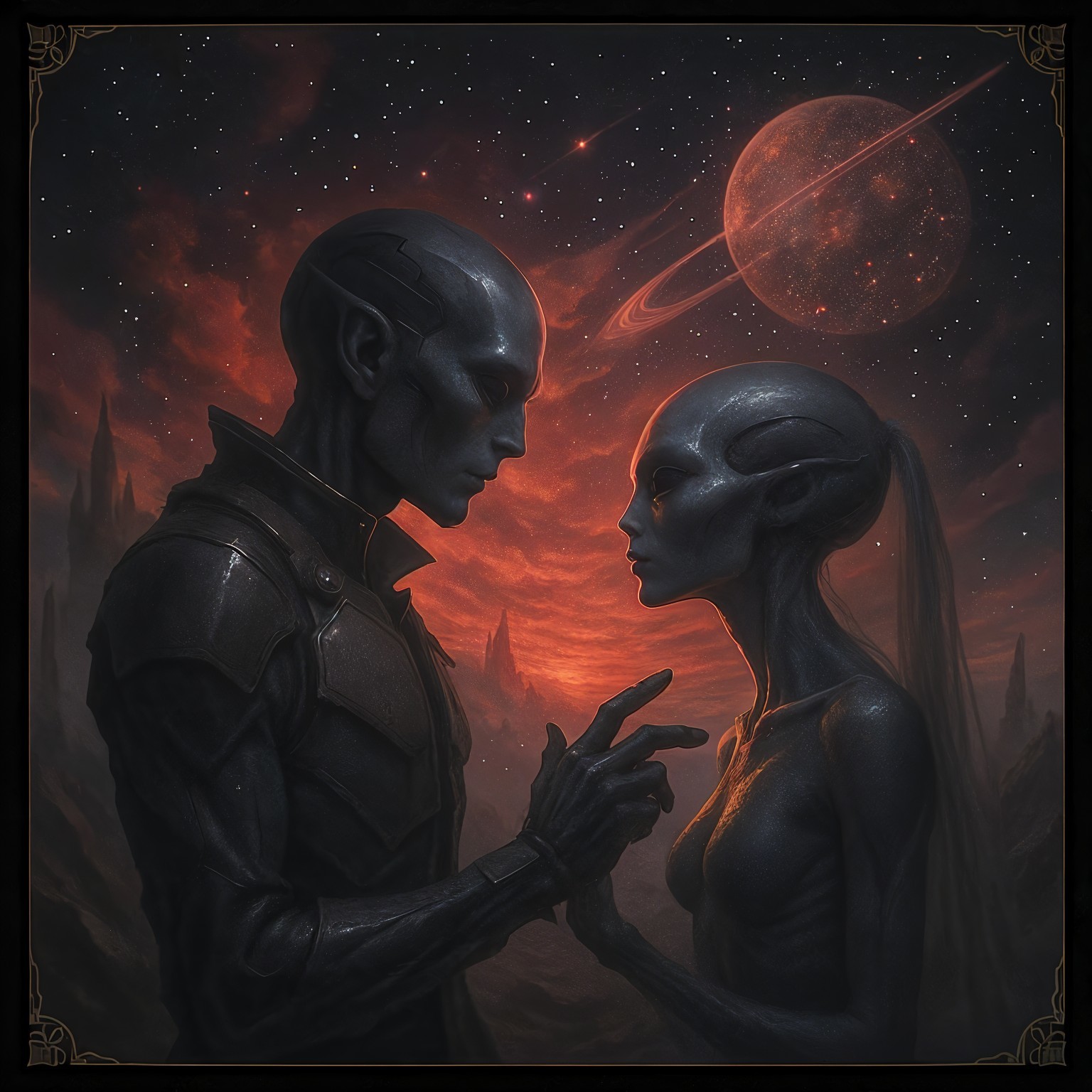 Alien Encounter Under a Starry Cosmic Backdrop