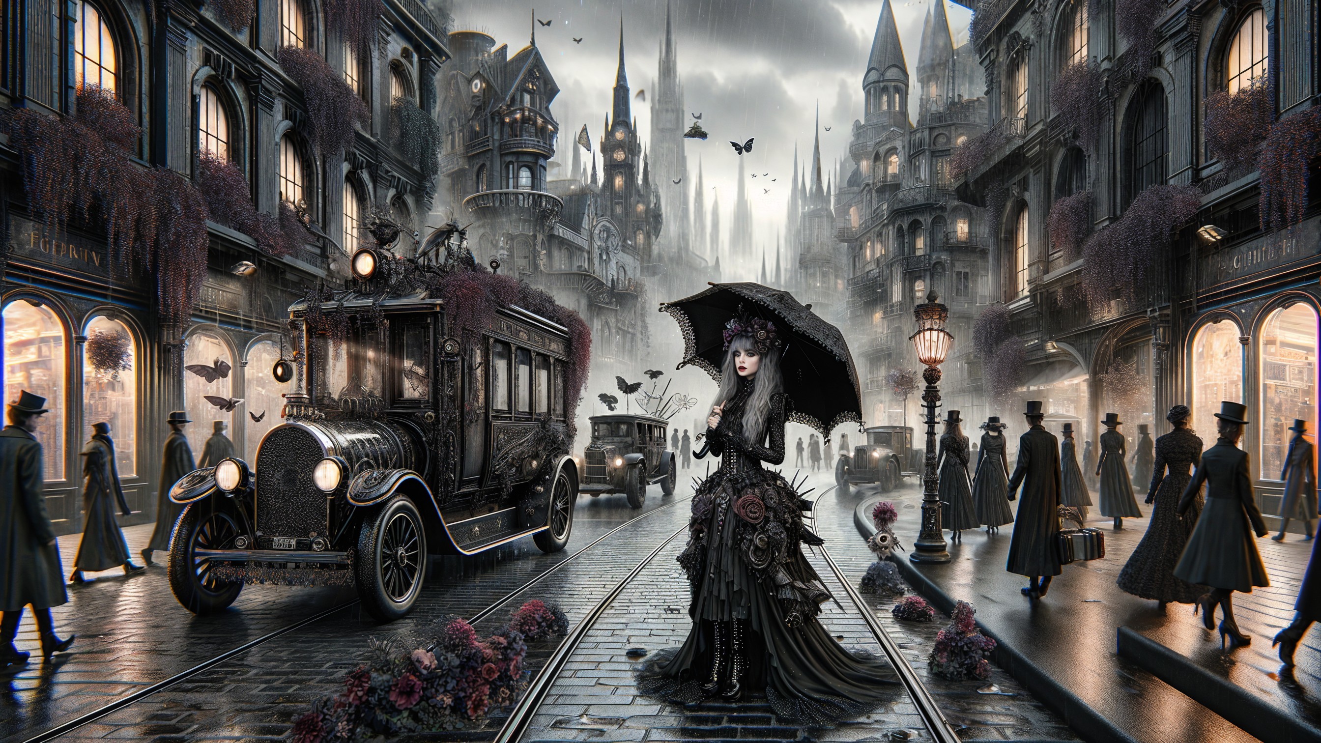 Gothic Street Scene with Elegant Woman and Vintage Elements