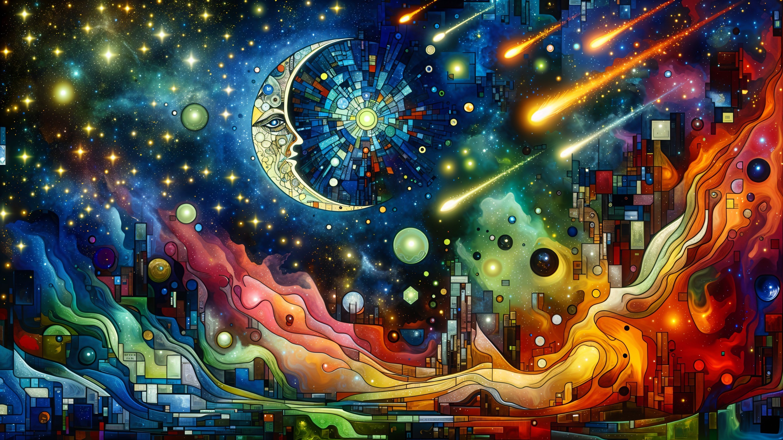 Vibrant Cosmic Scene with Moon and Geometric Patterns