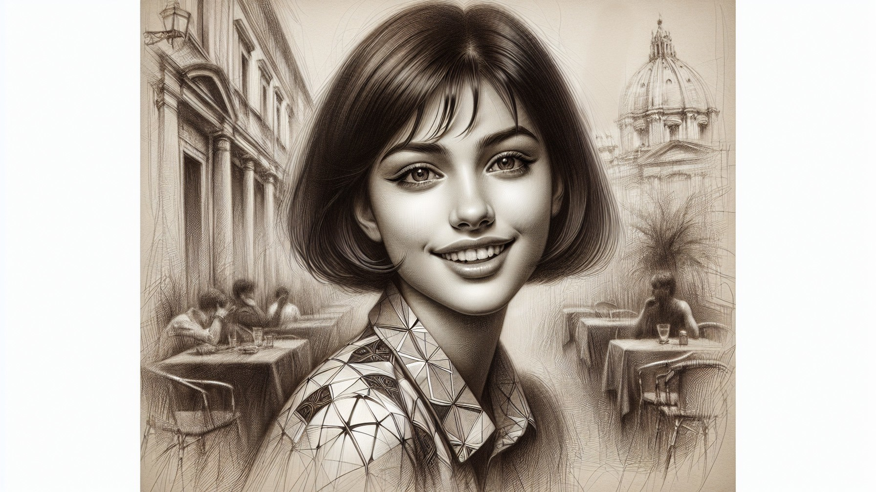 Young Woman Smiling in Elegant Street Scene Artwork