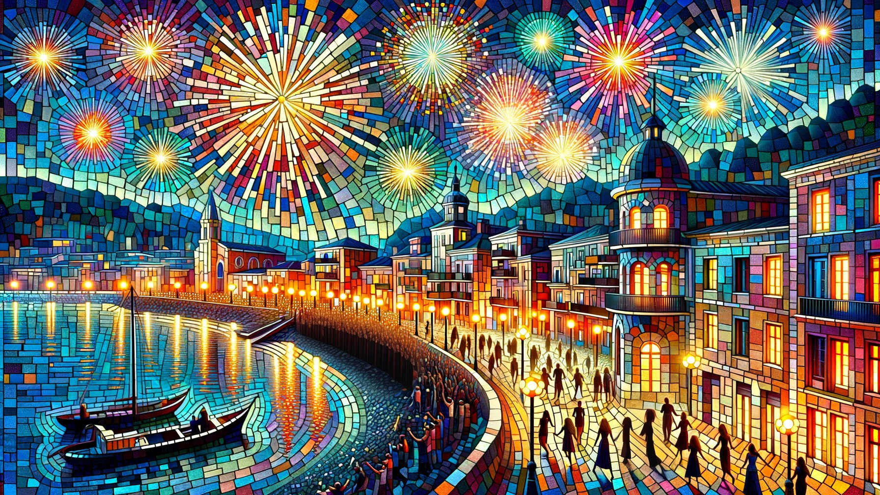 Vibrant Mosaic of Waterfront Scene with Fireworks