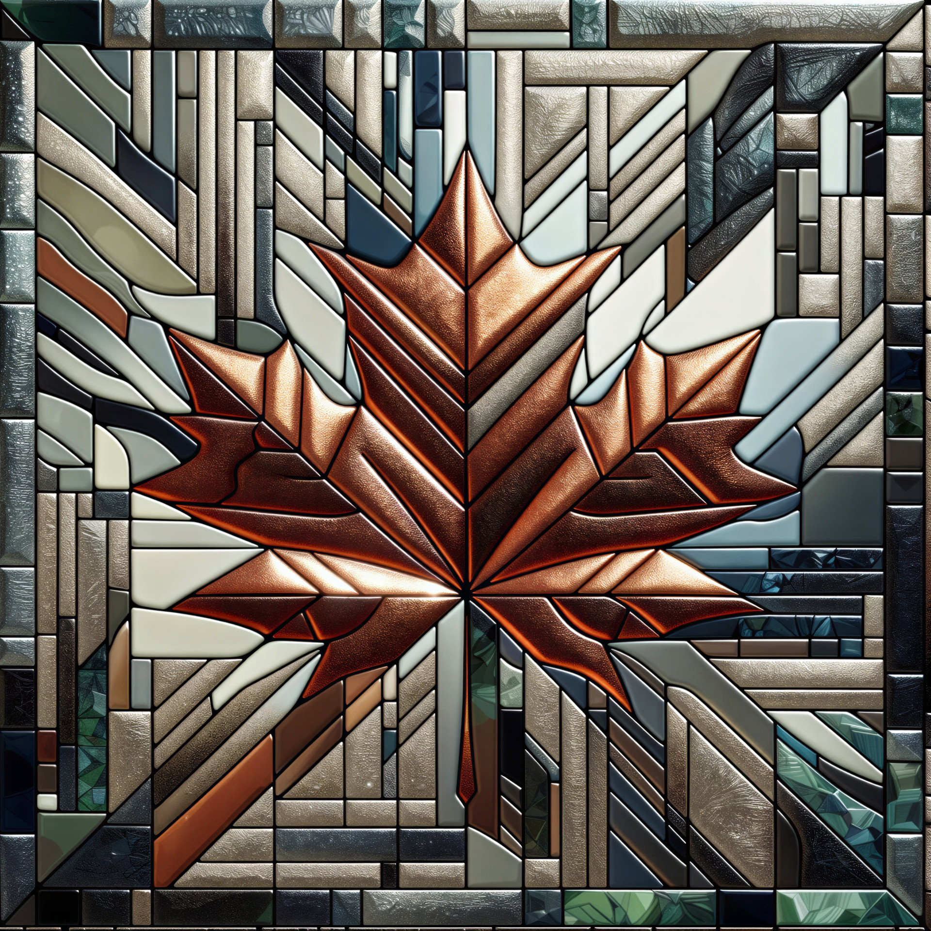 Abstract Mosaic Design with Copper Maple Leaf