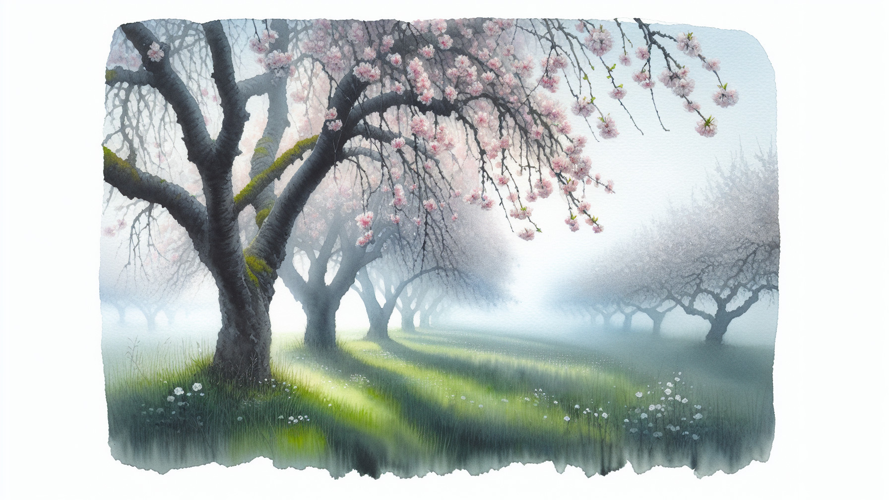 Serene Orchard with Blossoming Cherry Trees and Mist