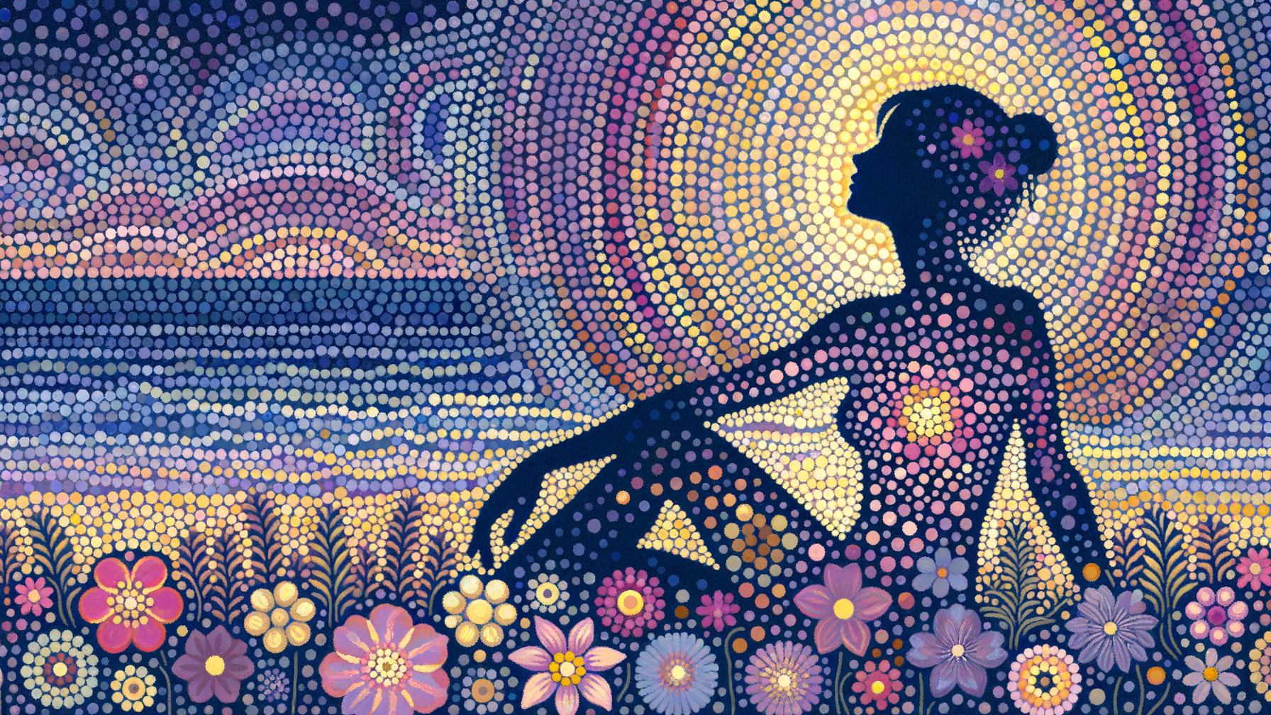 Silhouette of a Woman in a Colorful Landscape Scene