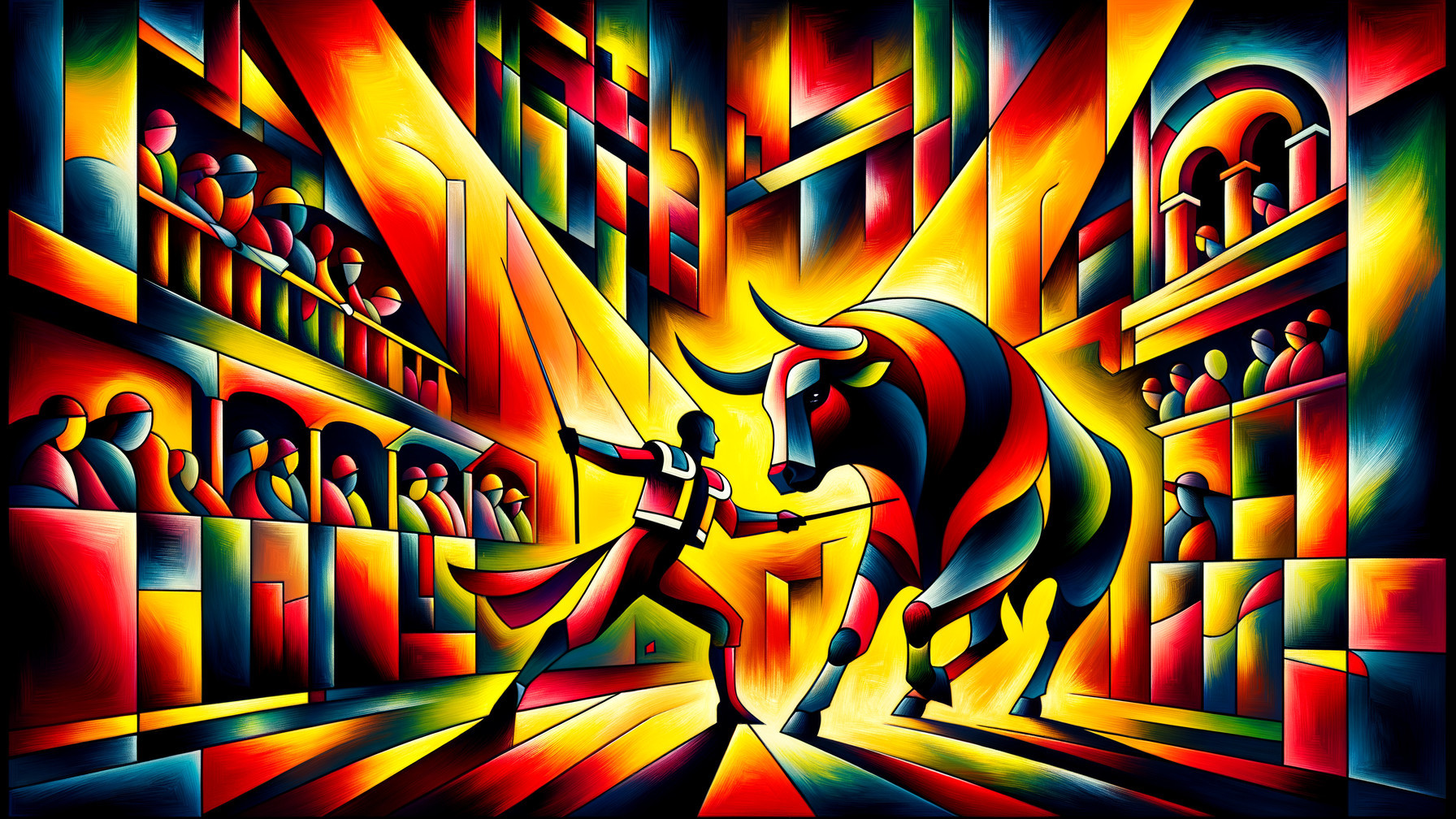 Abstract Bullfighting Scene with Vivid Colors