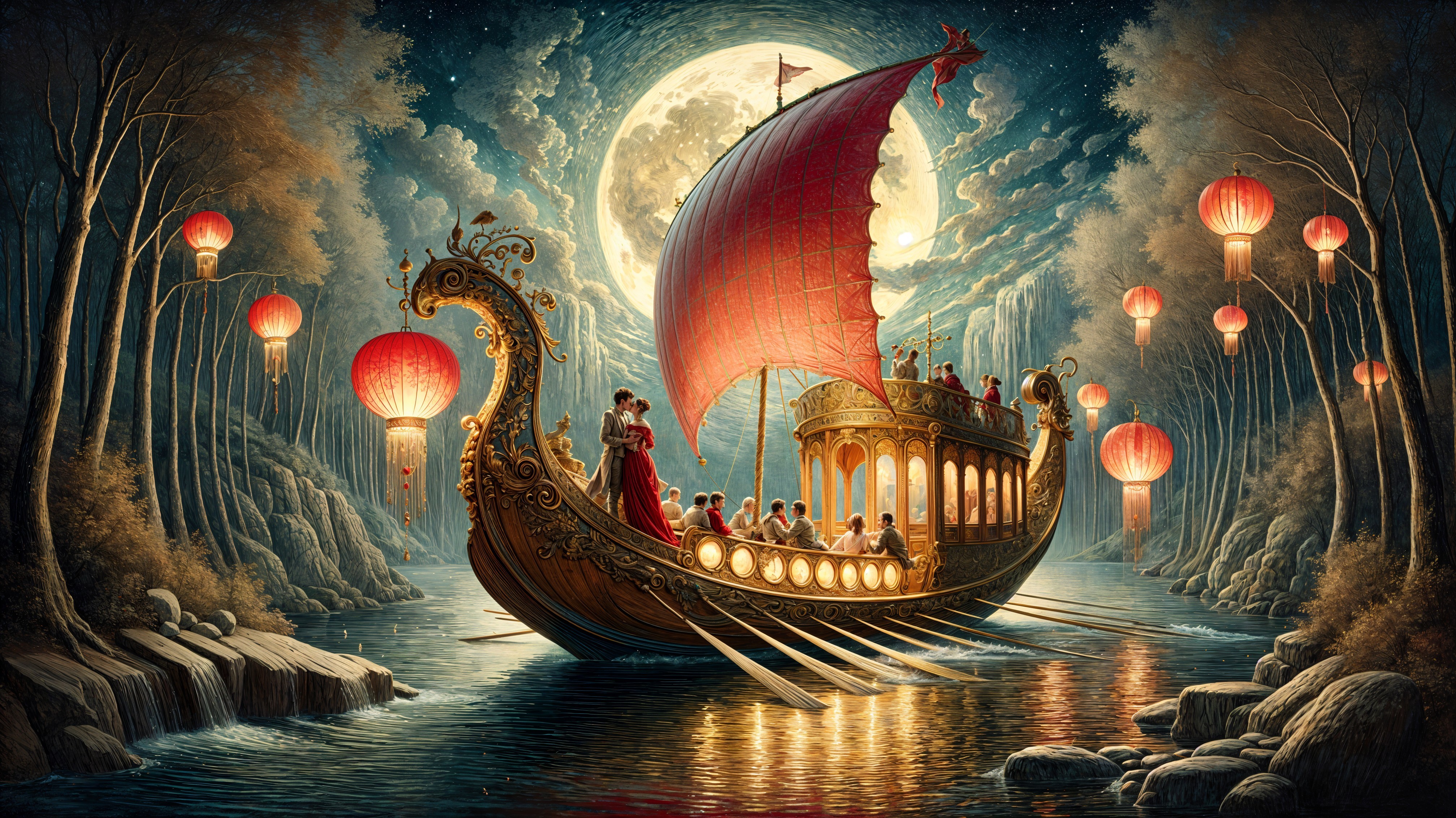 Ornate Boat with Crimson Sail on a Serene River