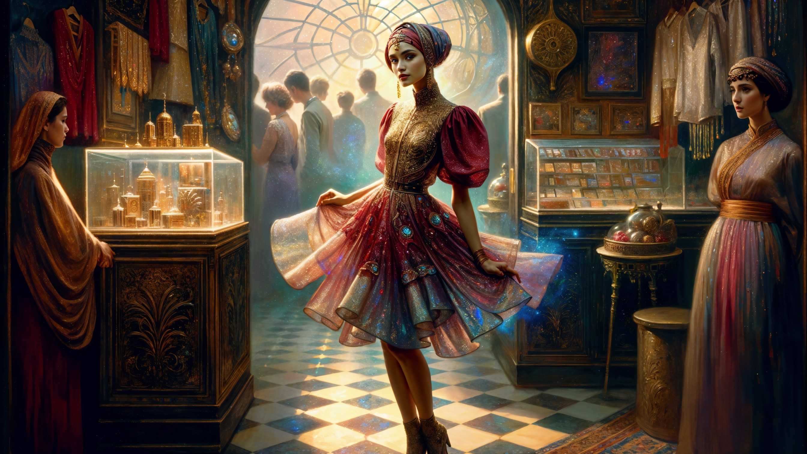 Marketplace Scene with Young Woman in Vibrant Dress