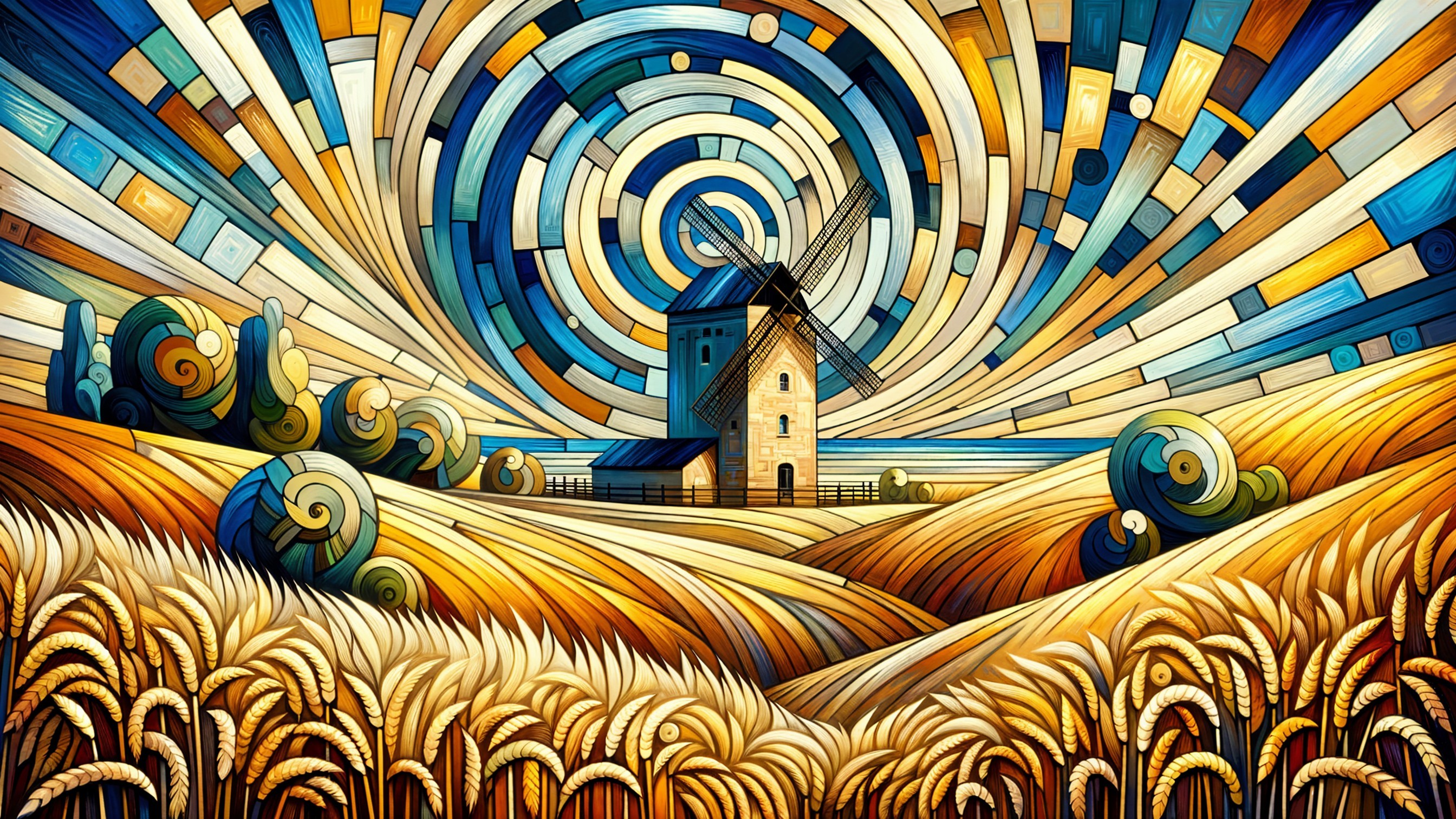 Vibrant Rural Scene with Windmill and Colorful Sky