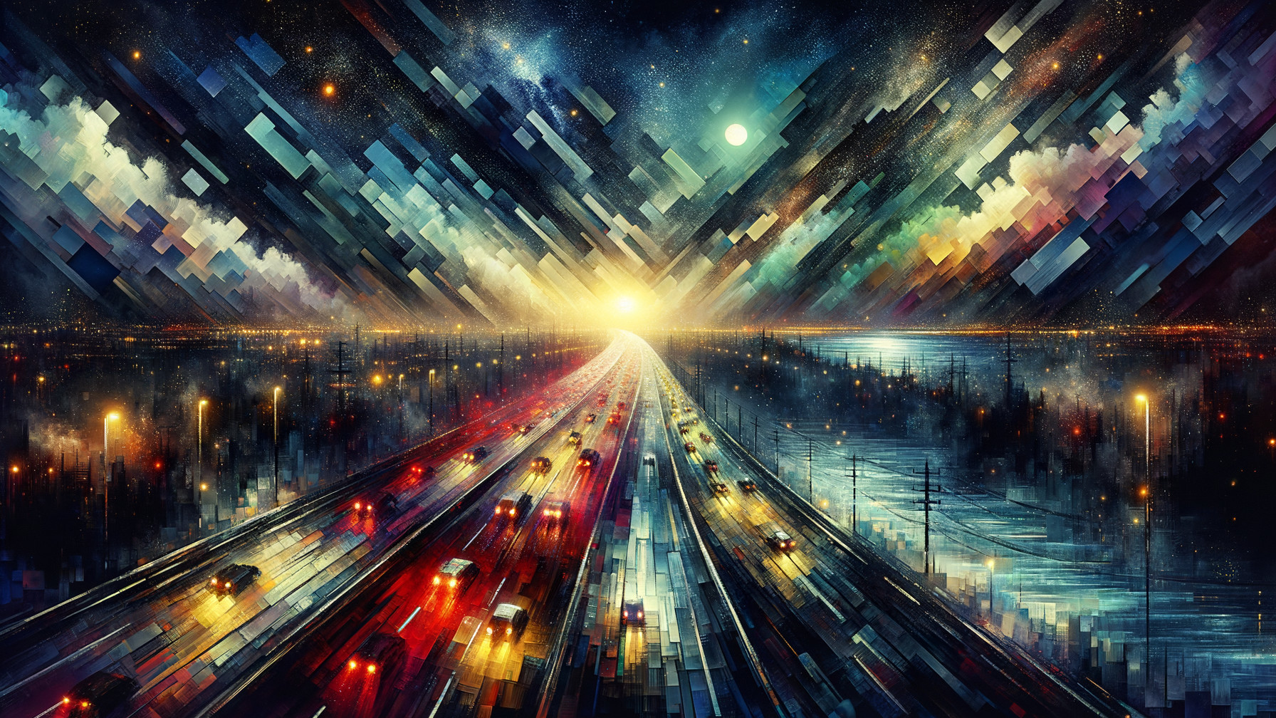 Abstract Highway Scene Under Surreal Night Sky