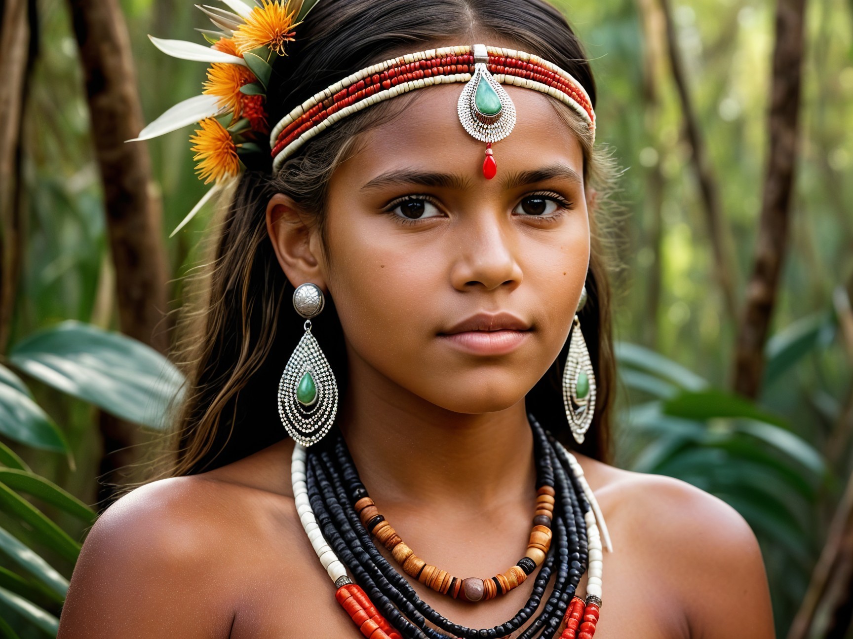 Young girl in vibrant jewelry and floral headdress