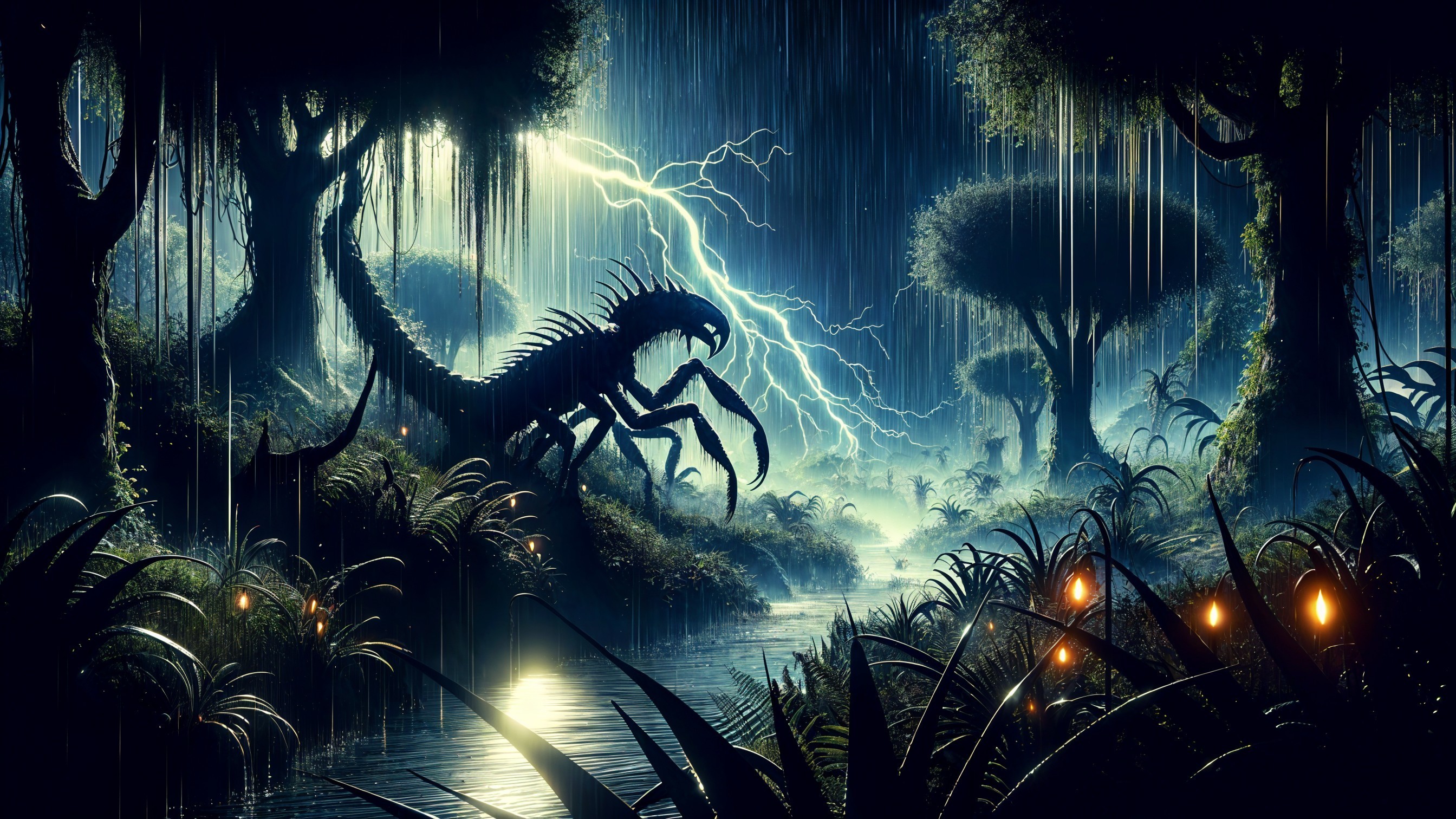 Dark Forest Scene with Lightning and Eerie Creatures