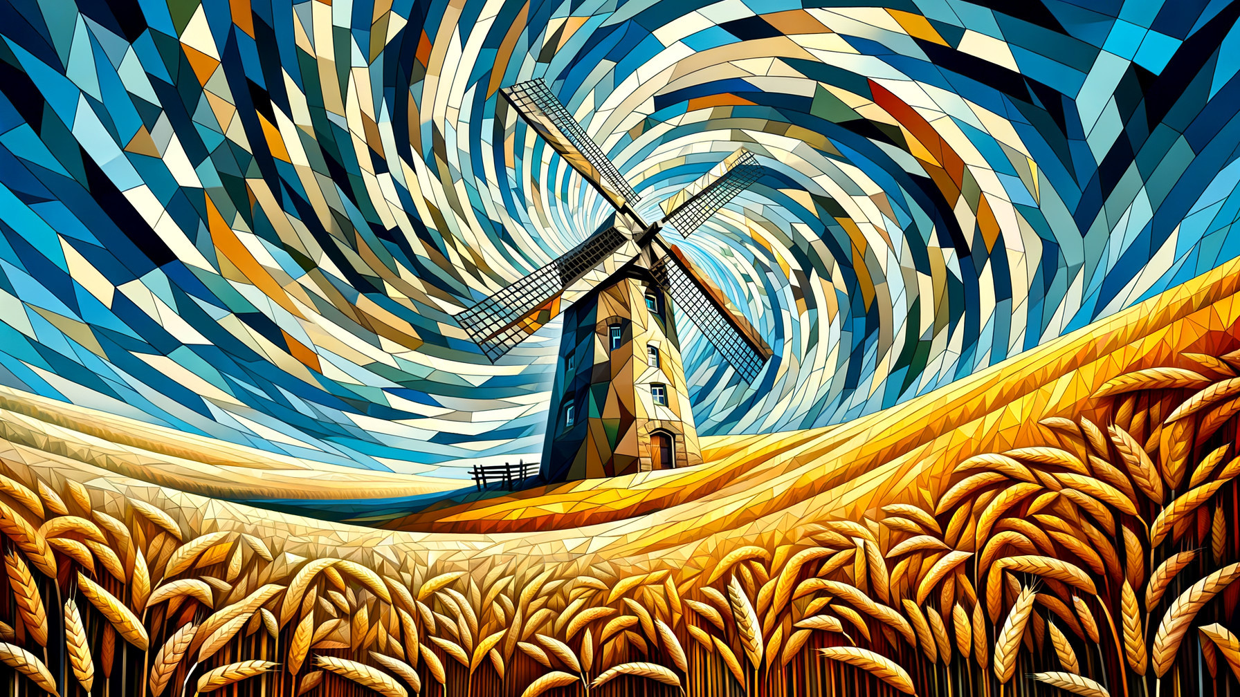 Vibrant Landscape with Windmill and Wheat Fields