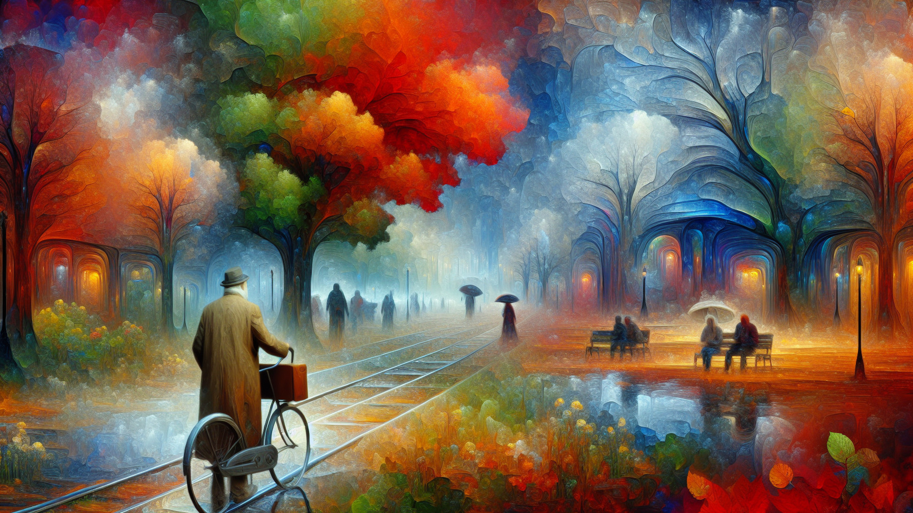Elderly Man on Bicycle in Dreamlike Autumn Landscape