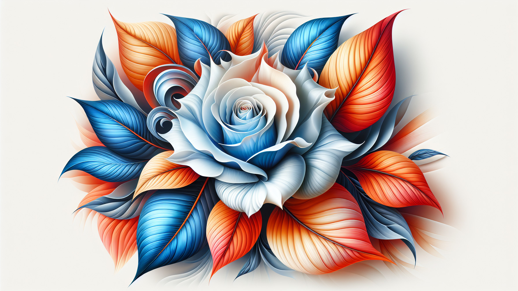 Vibrant Artistic Composition of a Stylized Rose and Leaves