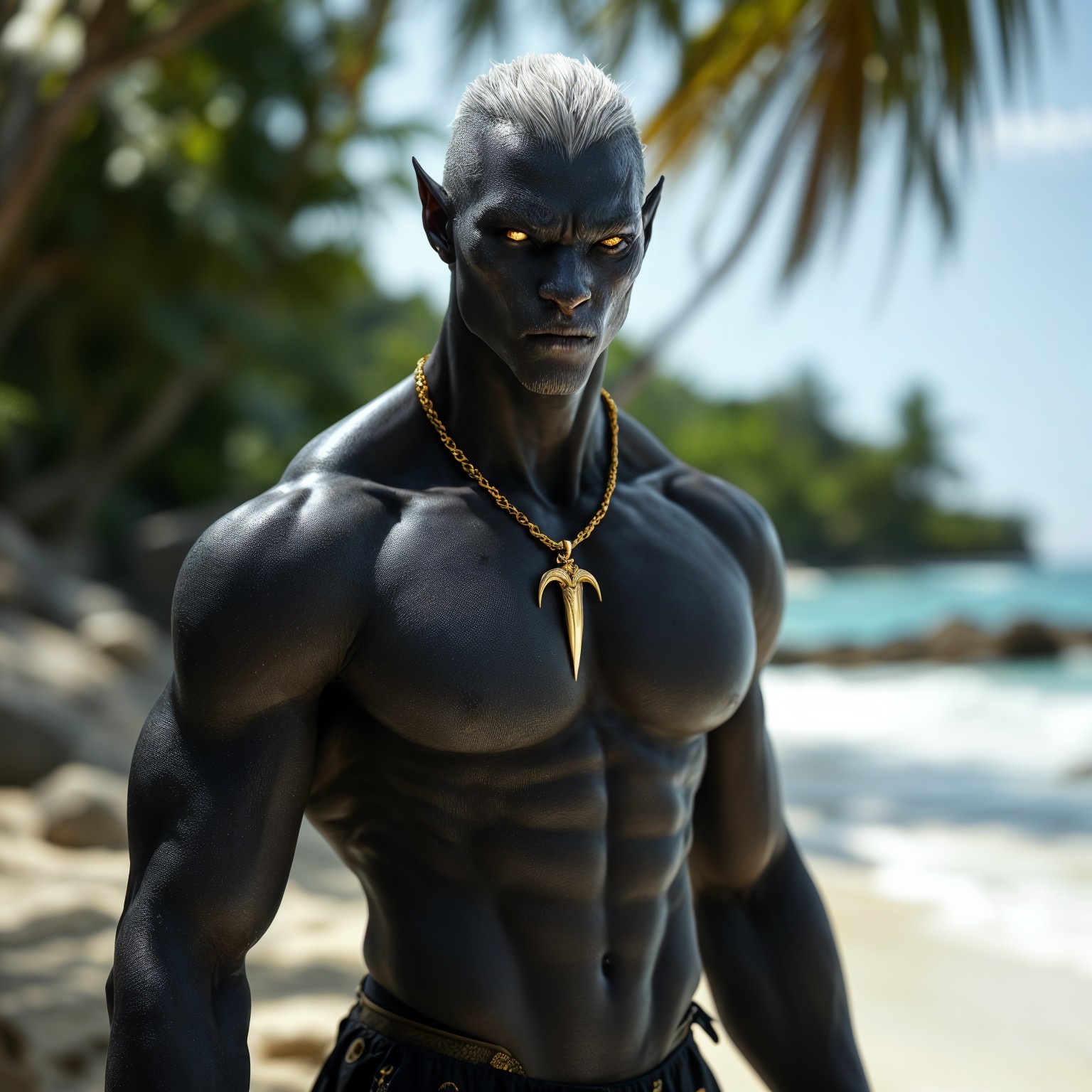 Muscular Figure with Silver Hair on Tropical Beach