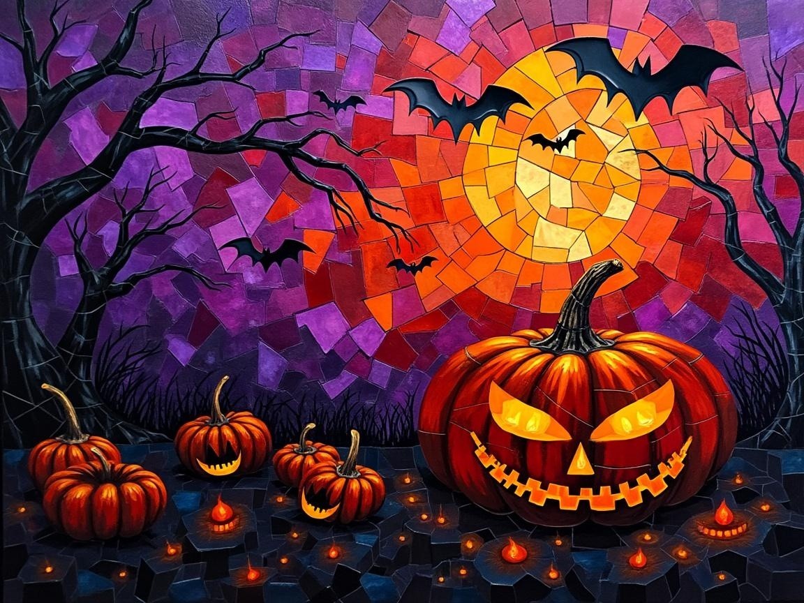 Vibrant Halloween Scene with Grinning Pumpkin and Moon