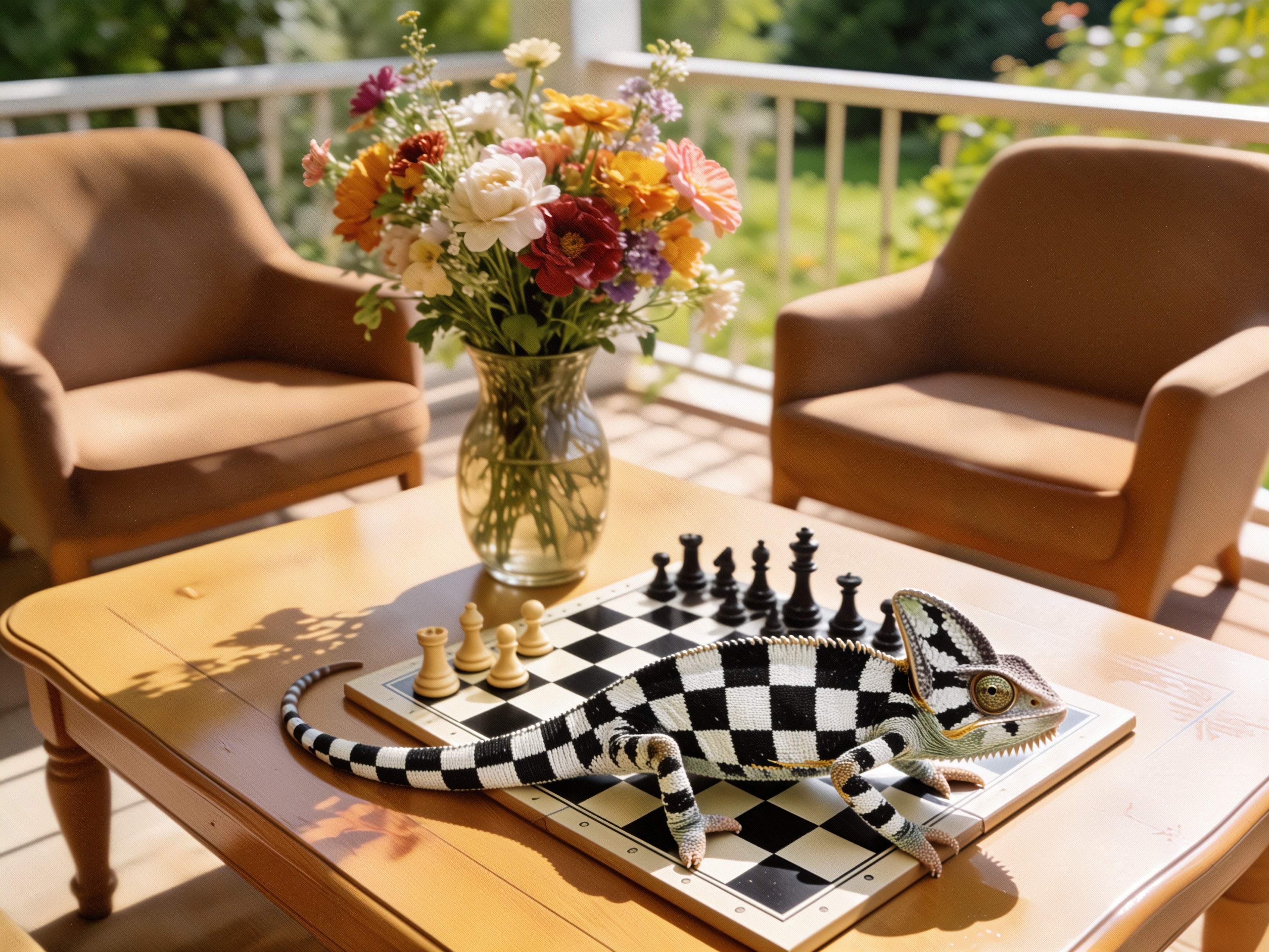 Chameleon Blending into Chess Board on Coffee Table