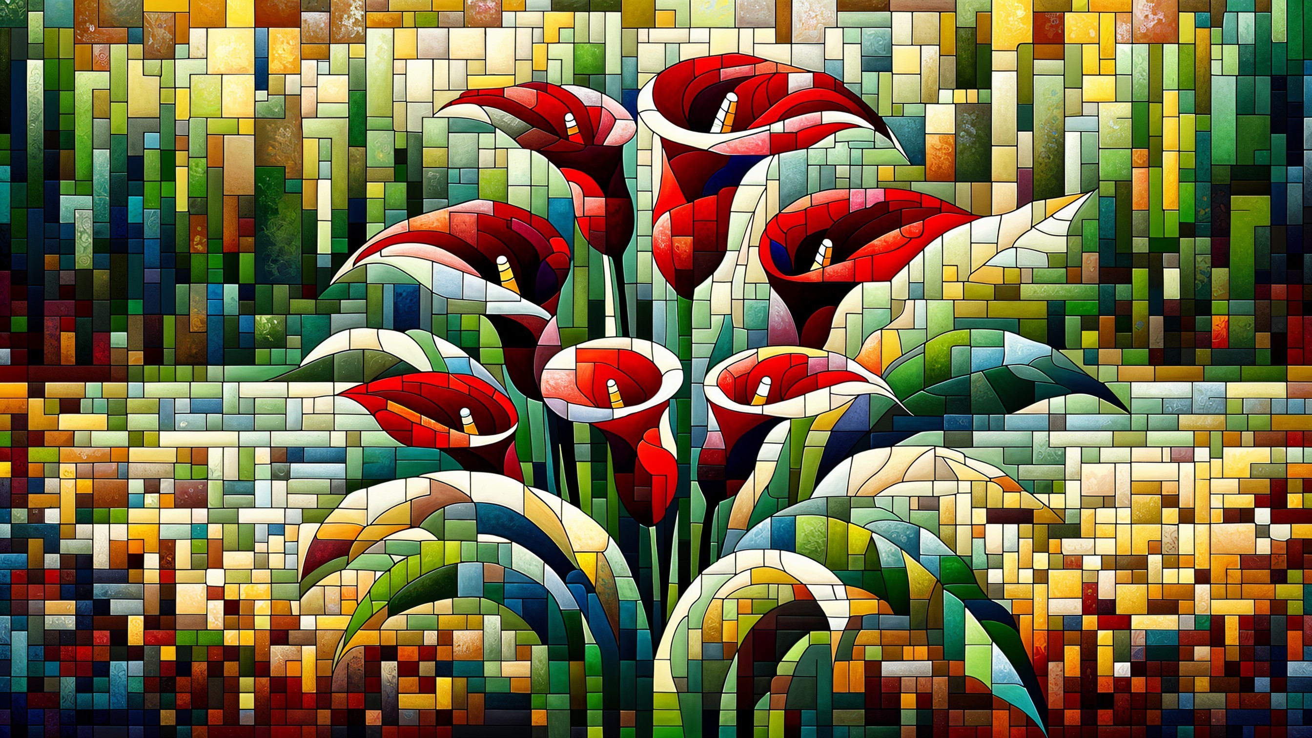 Vibrant Mosaic of Red Calla Lilies and Geometric Patterns