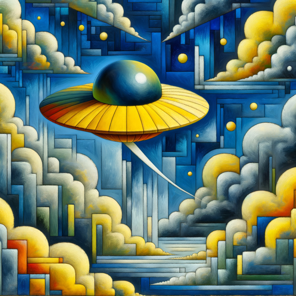 Futuristic Cubist Painting of UFO Over Cityscape