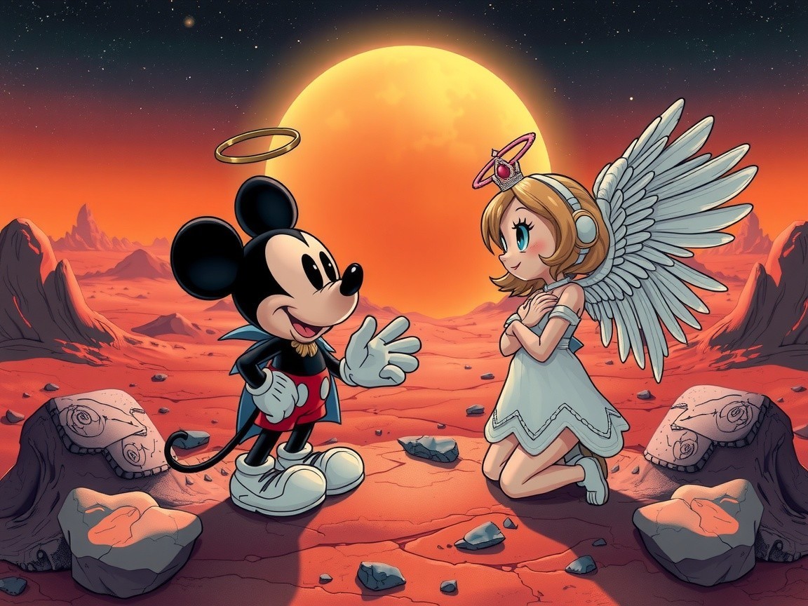Whimsical Cartoon Mouse and Angelic Girl in Space