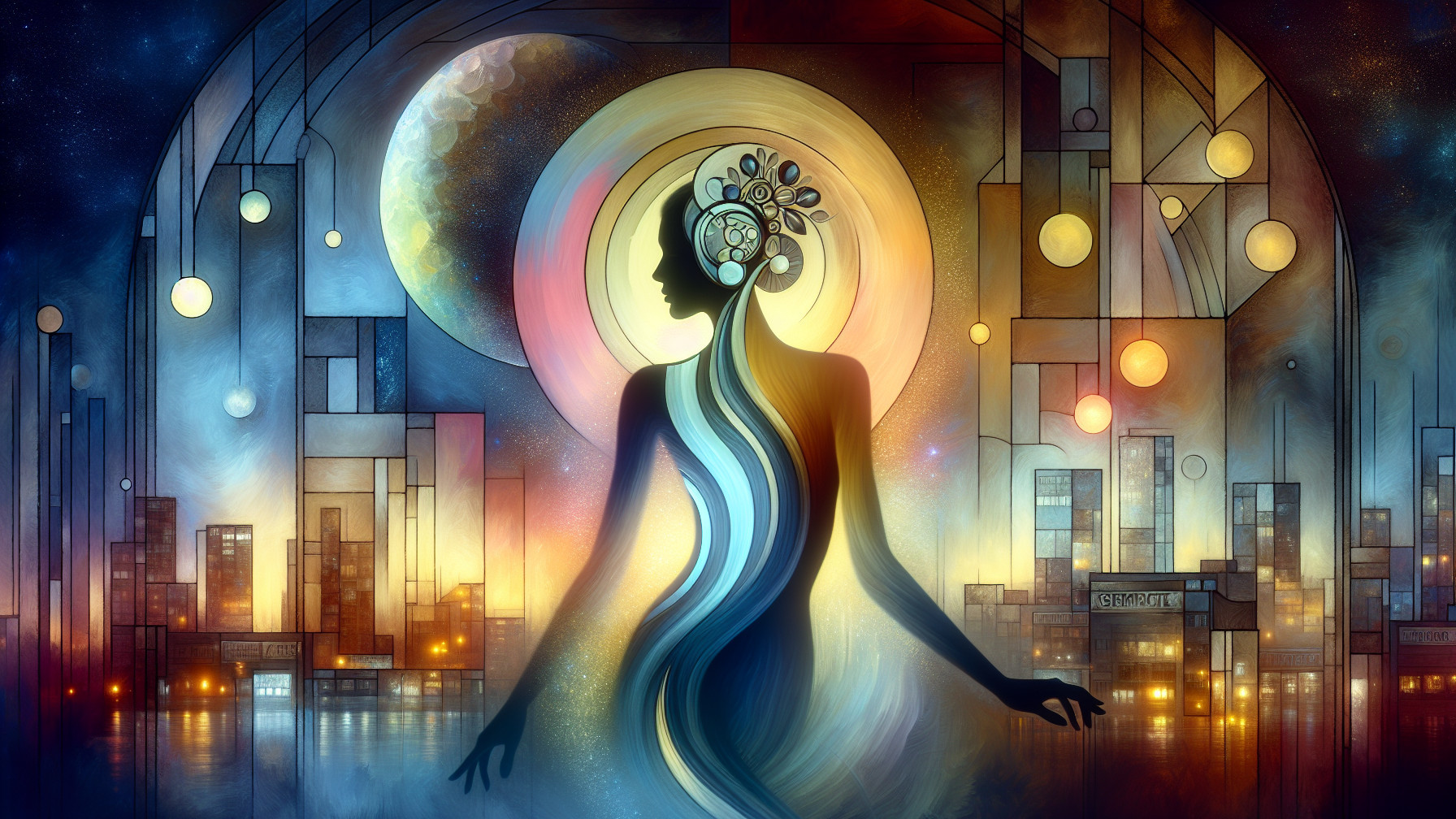 Ethereal Figure with Abstract Background and Orbs