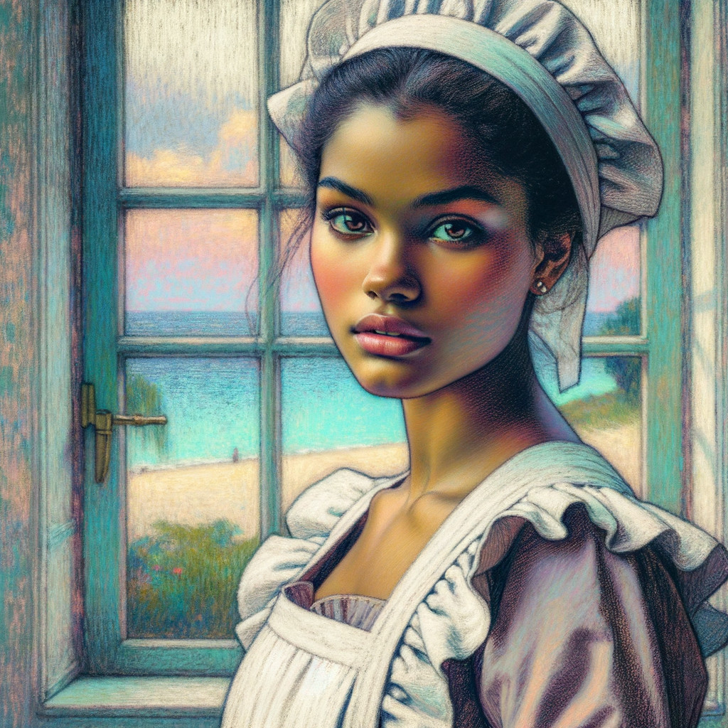 Young woman in apron by turquoise window frame