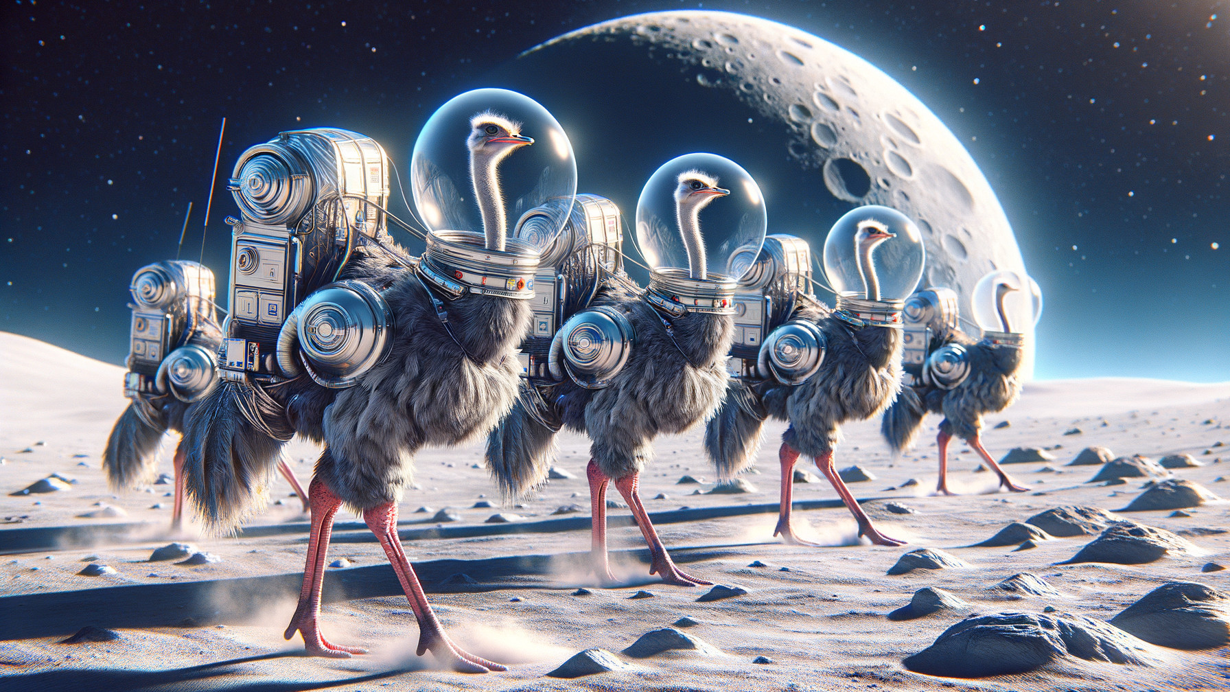 Futuristic Ostriches in Space Helmets on Lunar Landscape