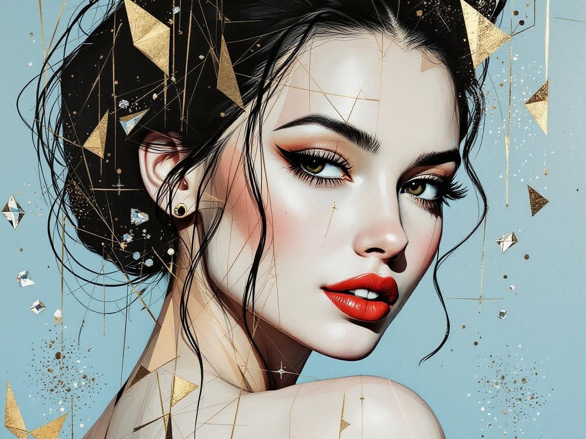 Portrait of a woman with green eyes and red lips