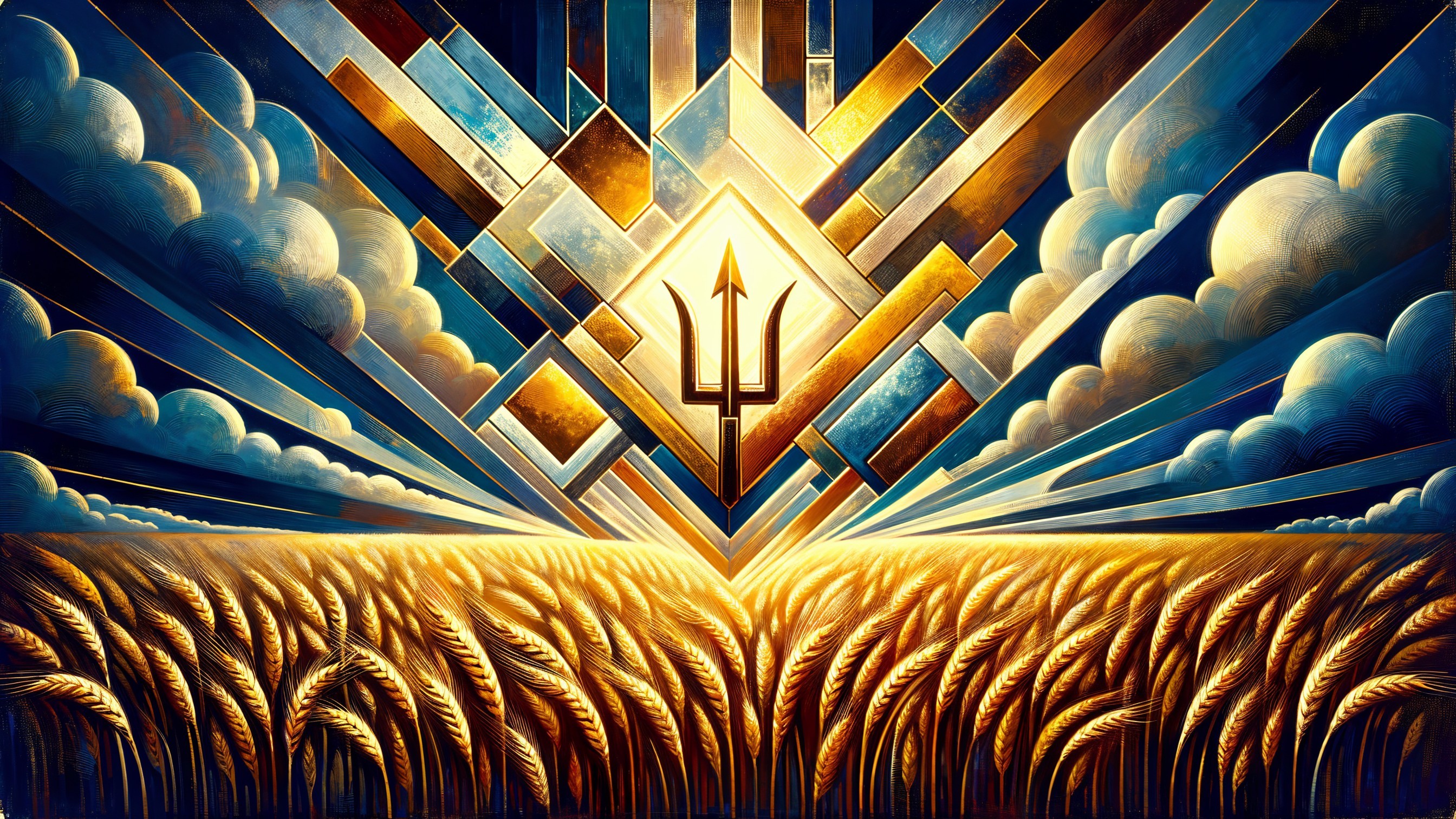 Golden Trident Symbol with Wheat and Sunburst Design