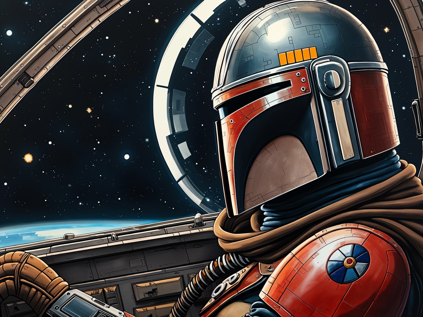 Futuristic Space Pilot in Starry Universe Cockpit
