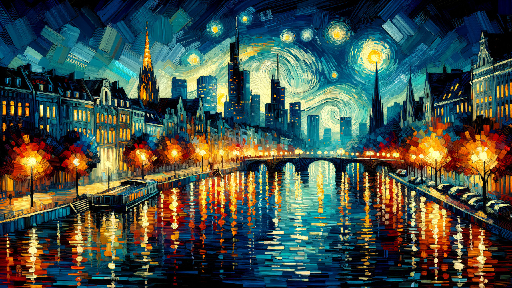 Vibrant Night Cityscape with Colorful Reflections