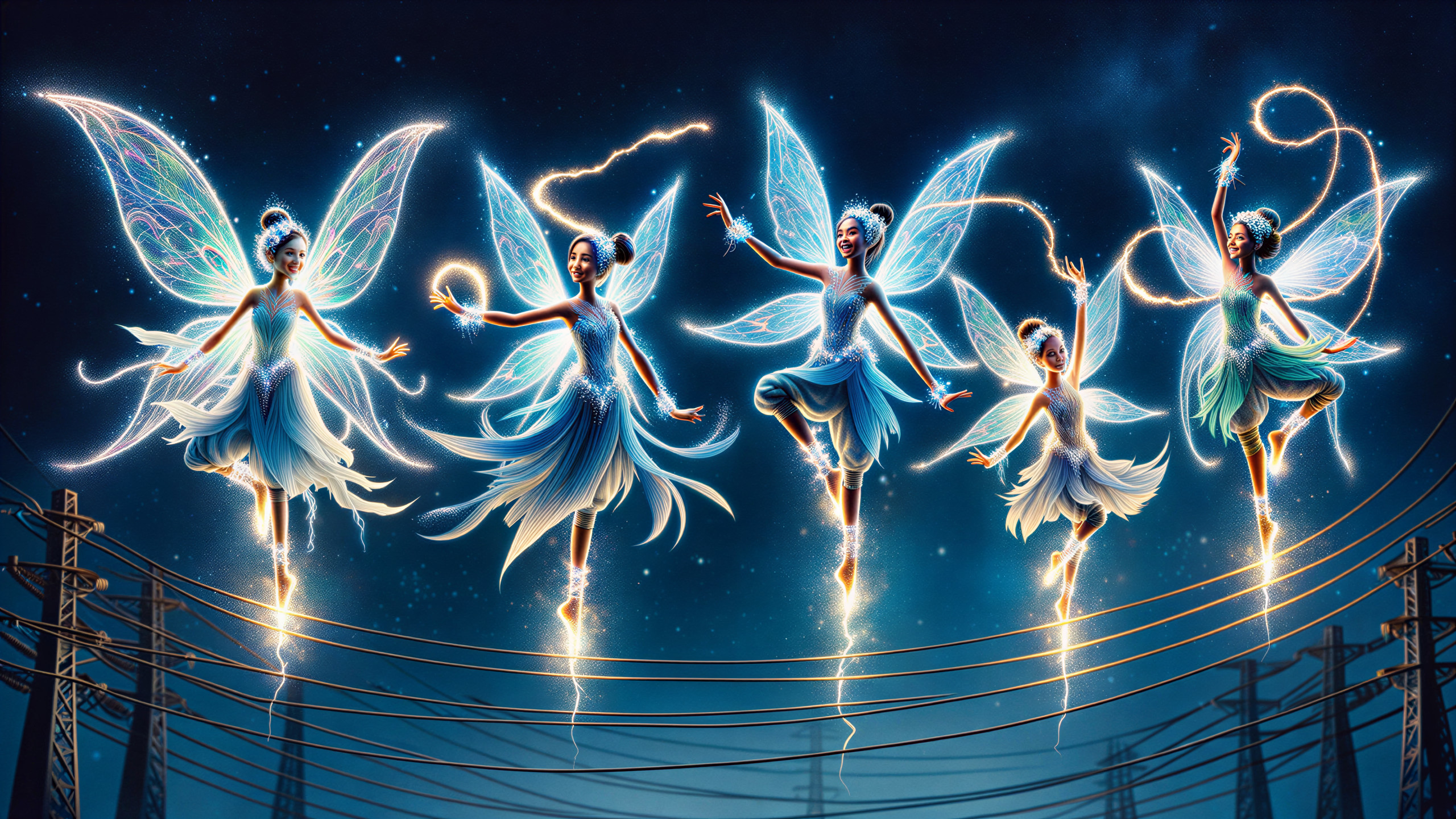 Fairies Dancing on Electric Lines Under Starry Sky