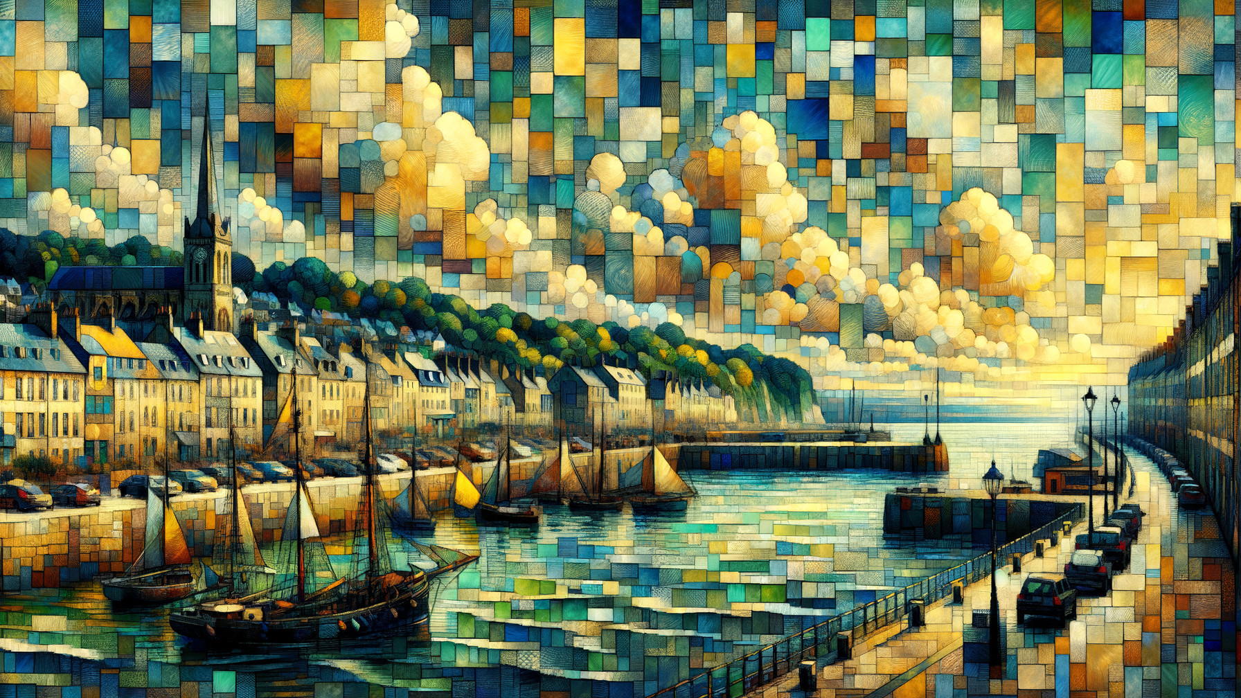 Vibrant Mosaic Port Scene with Boats and Sunset Sky