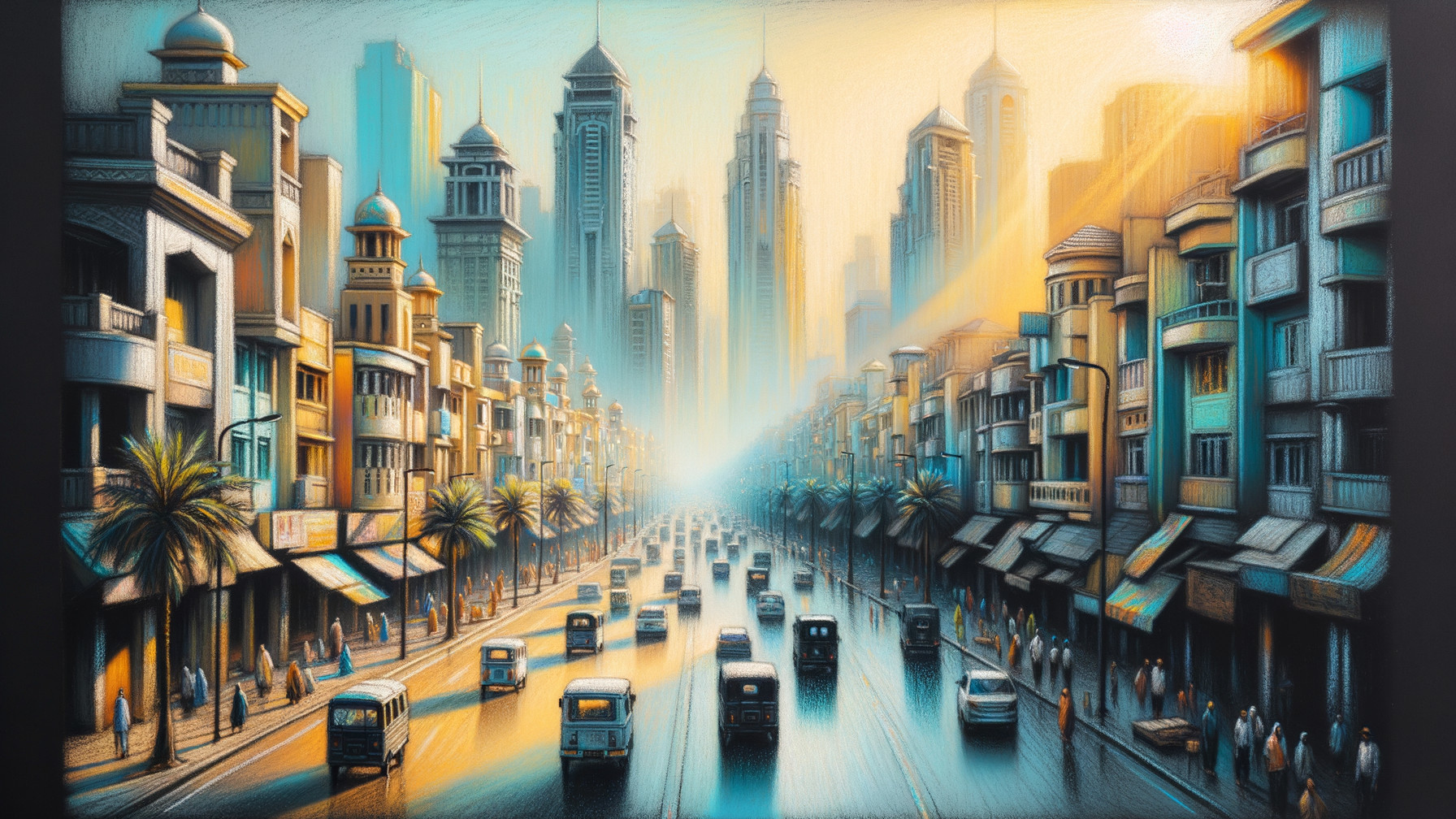 Vibrant cityscape with modern skyscrapers and energy