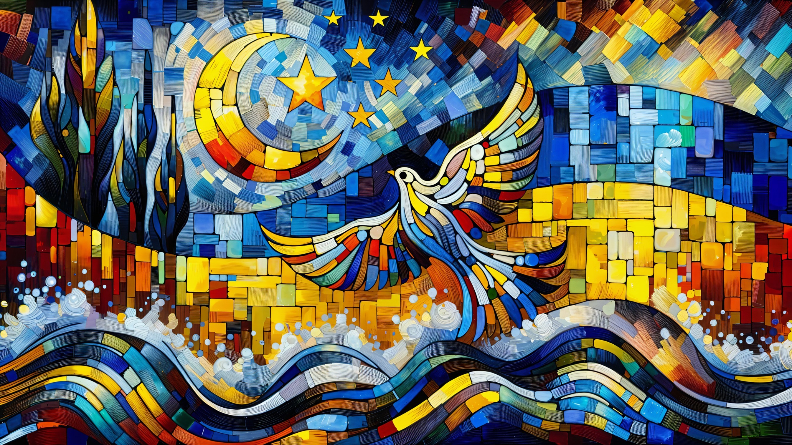Vibrant Mosaic of Bird in Starry Night Sky