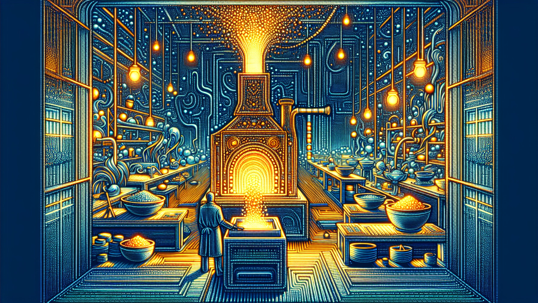 Vibrant Factory Interior with Glowing Machinery and Pipes
