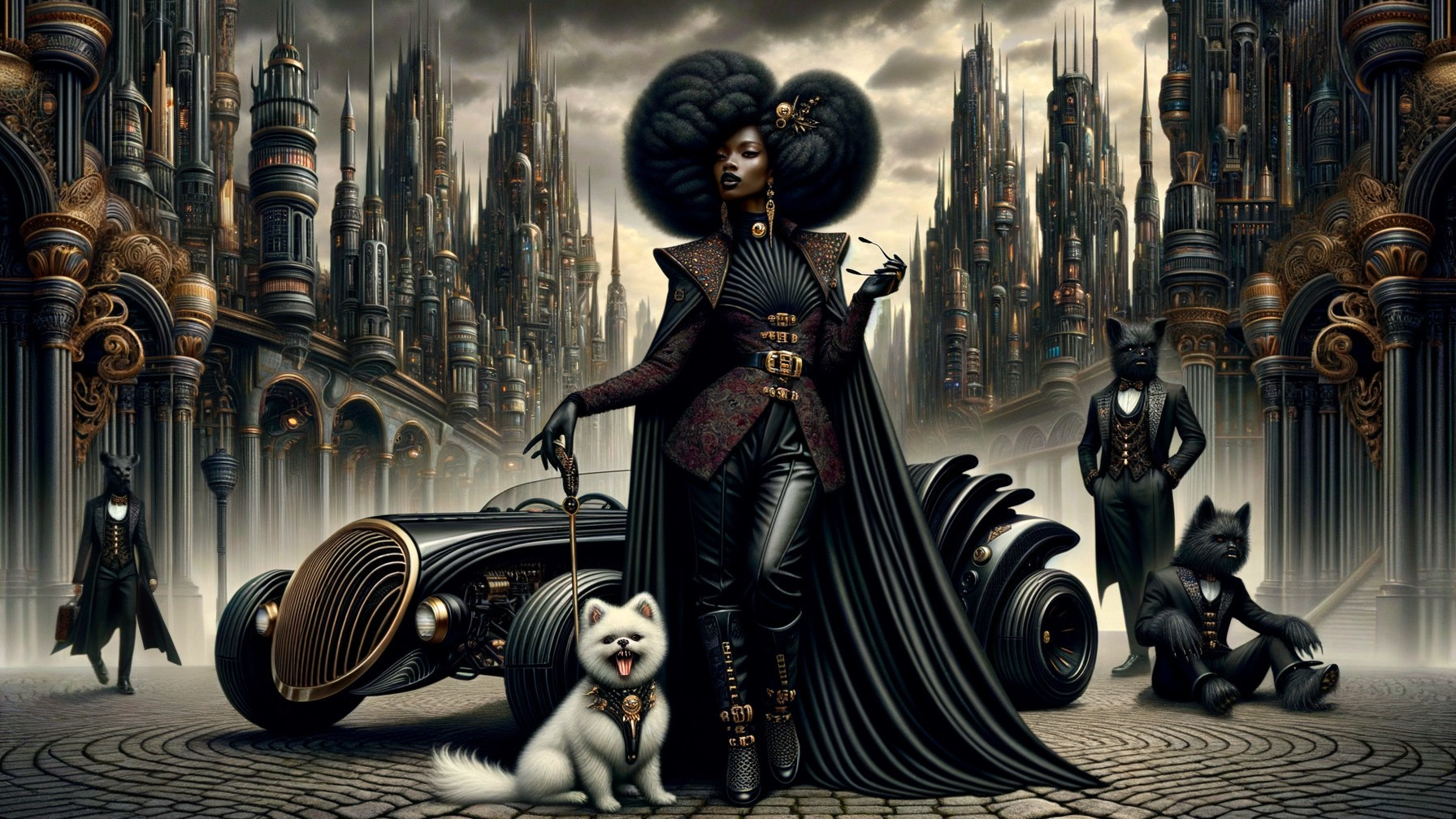 Futuristic cityscape with elegant figures and luxury car