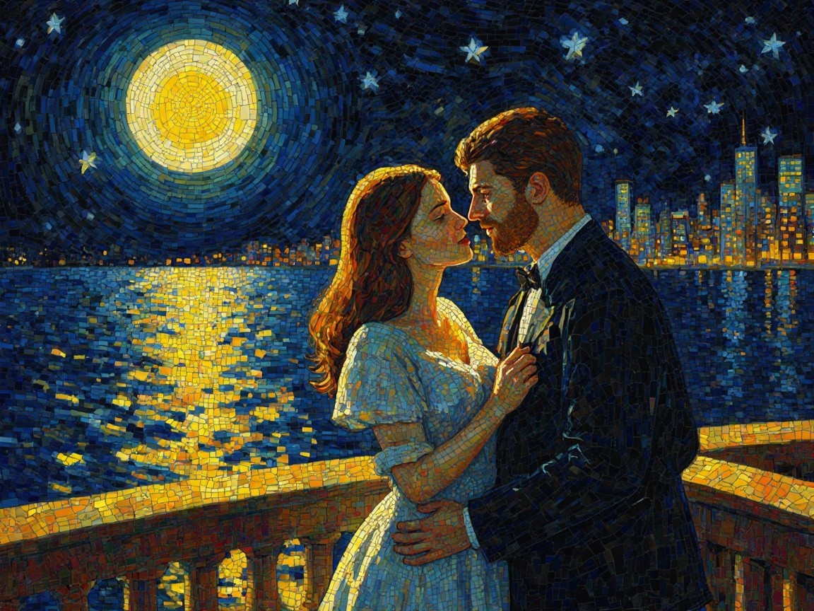 Romantic Mosaic of Couple Embraced Under Moonlight