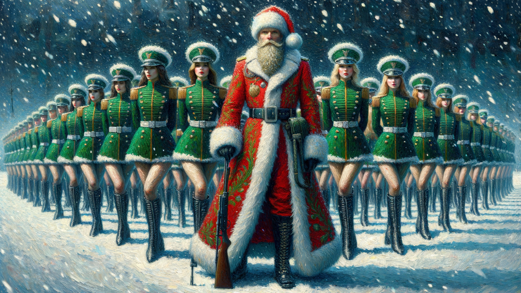 Santa Claus in Red Coat with Military Women in Snow