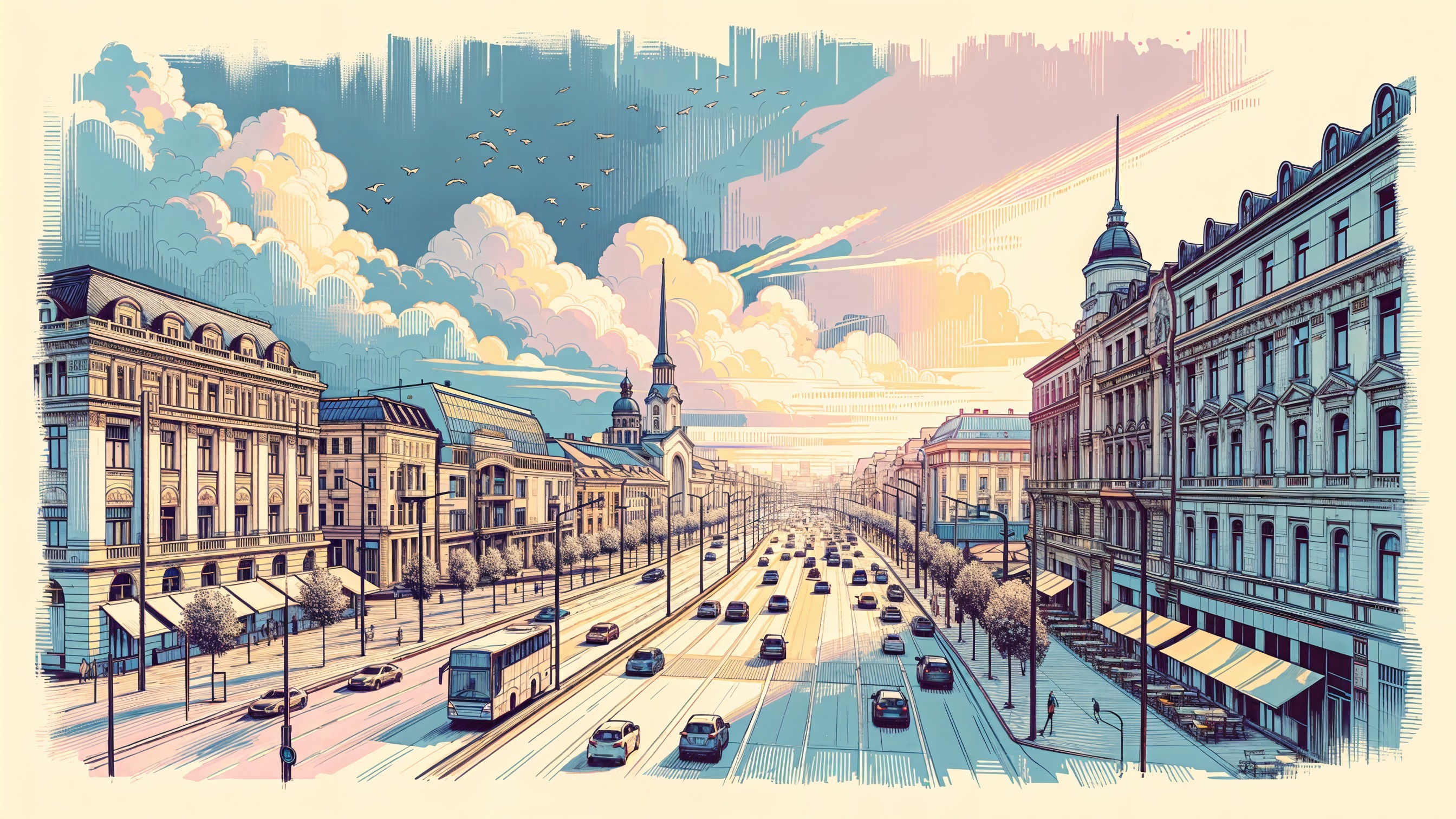 Vibrant Cityscape with Bustling Avenue and Sunset Sky