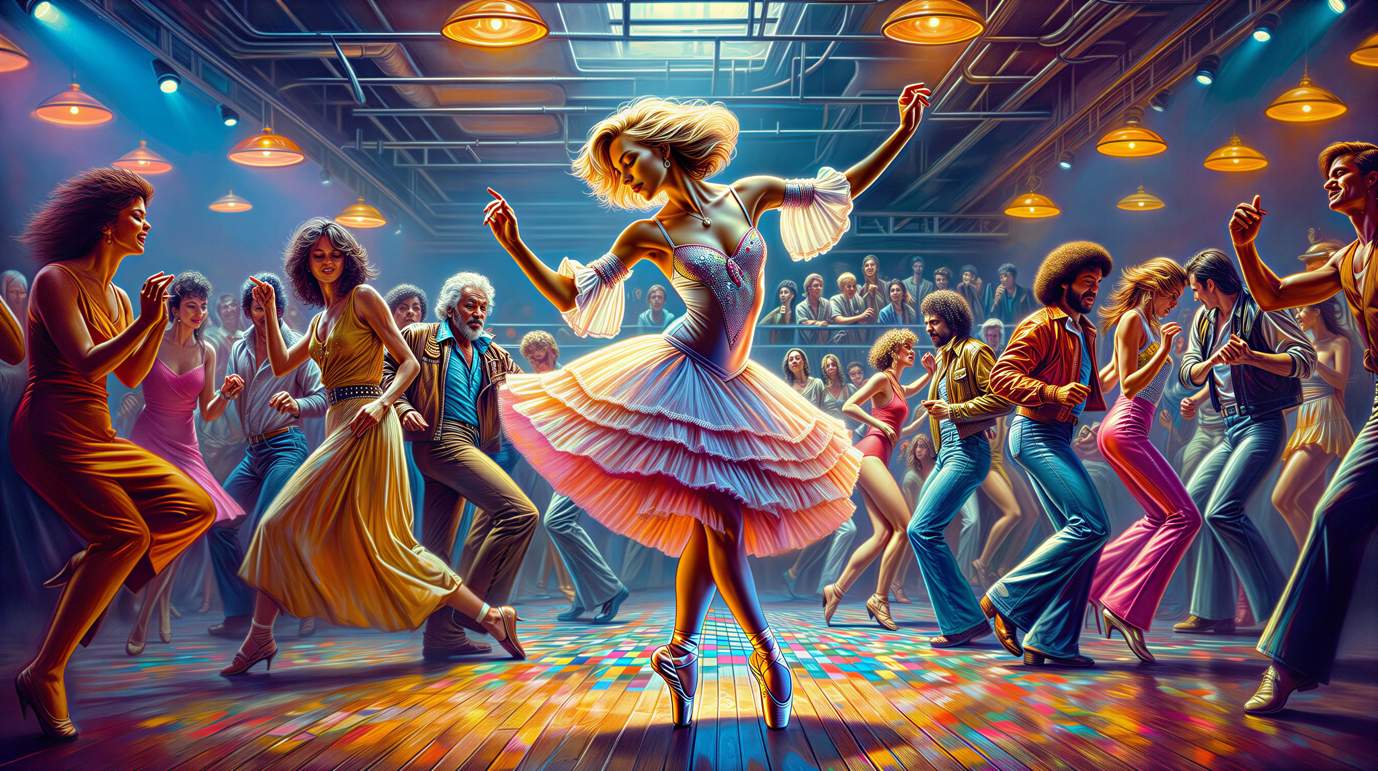 1970s Disco Dance Scene with Colorful Atmosphere