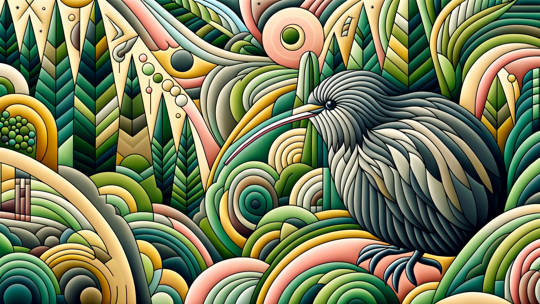 Colorful Kiwi Bird Illustration in Abstract Landscape
