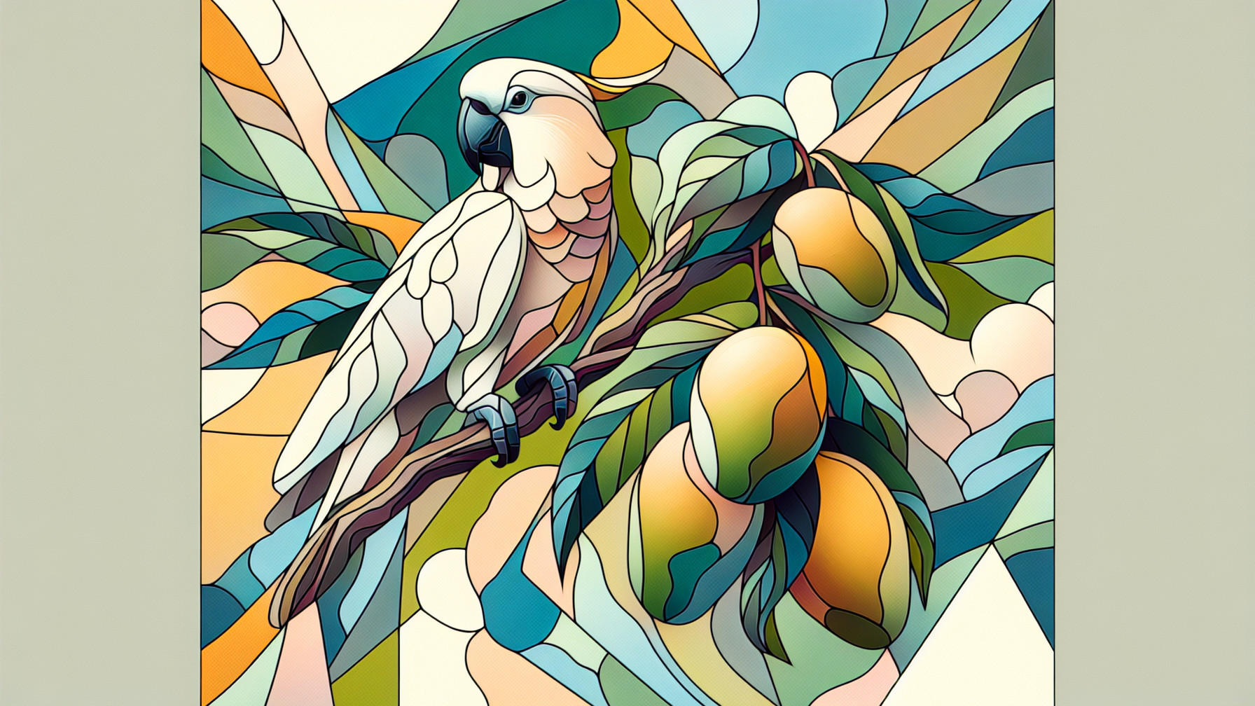 Stylized Parrot on Branch with Vibrant Mangoes