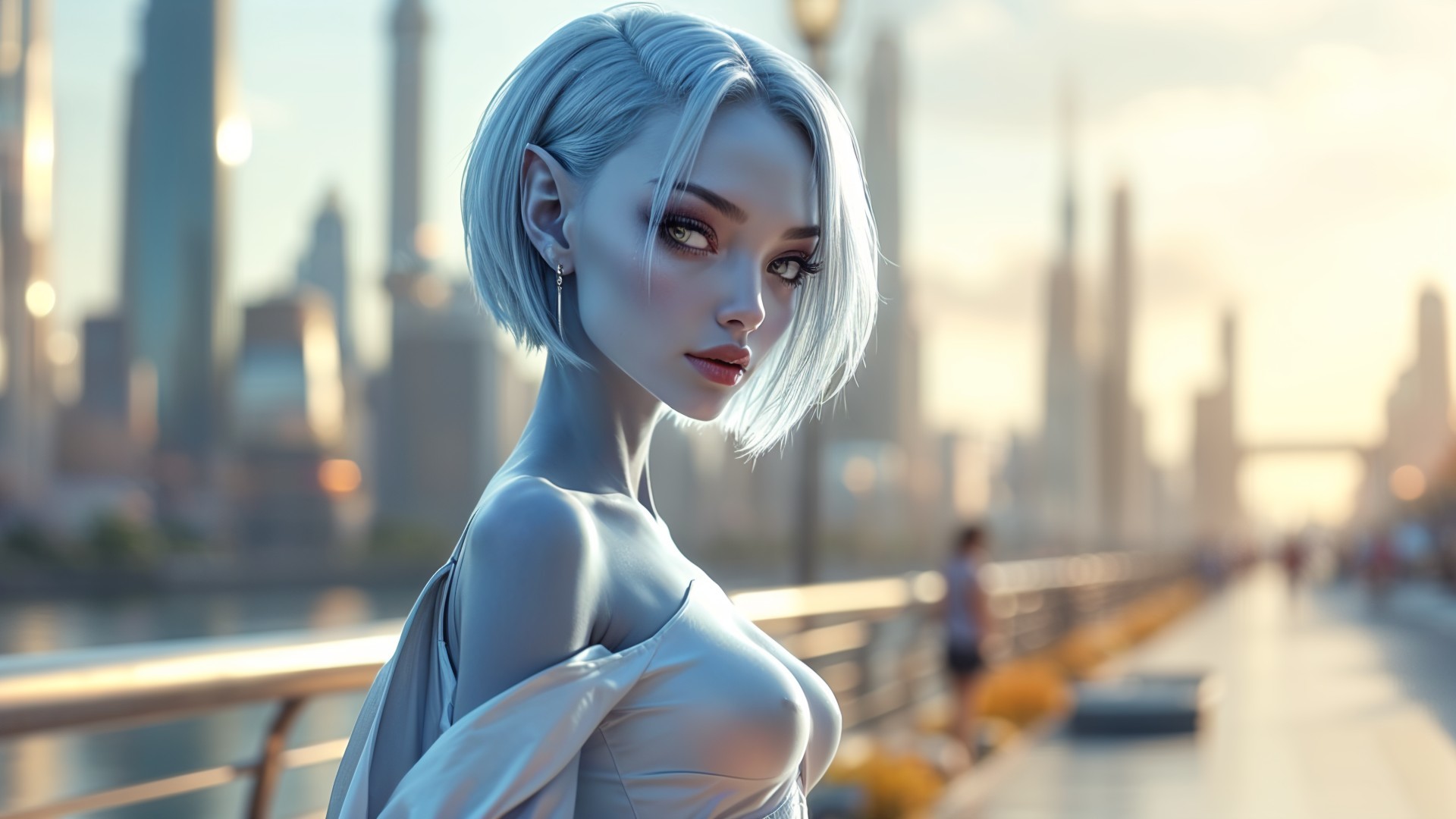 Futuristic Figure by Waterfront with Silvery Hair