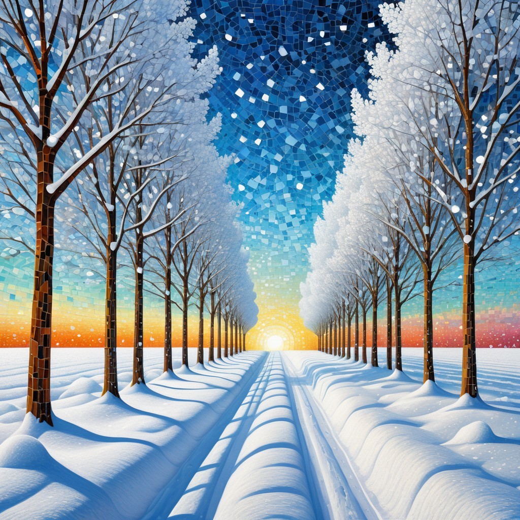 Serene Winter Landscape with Frosted Trees and Sunrise