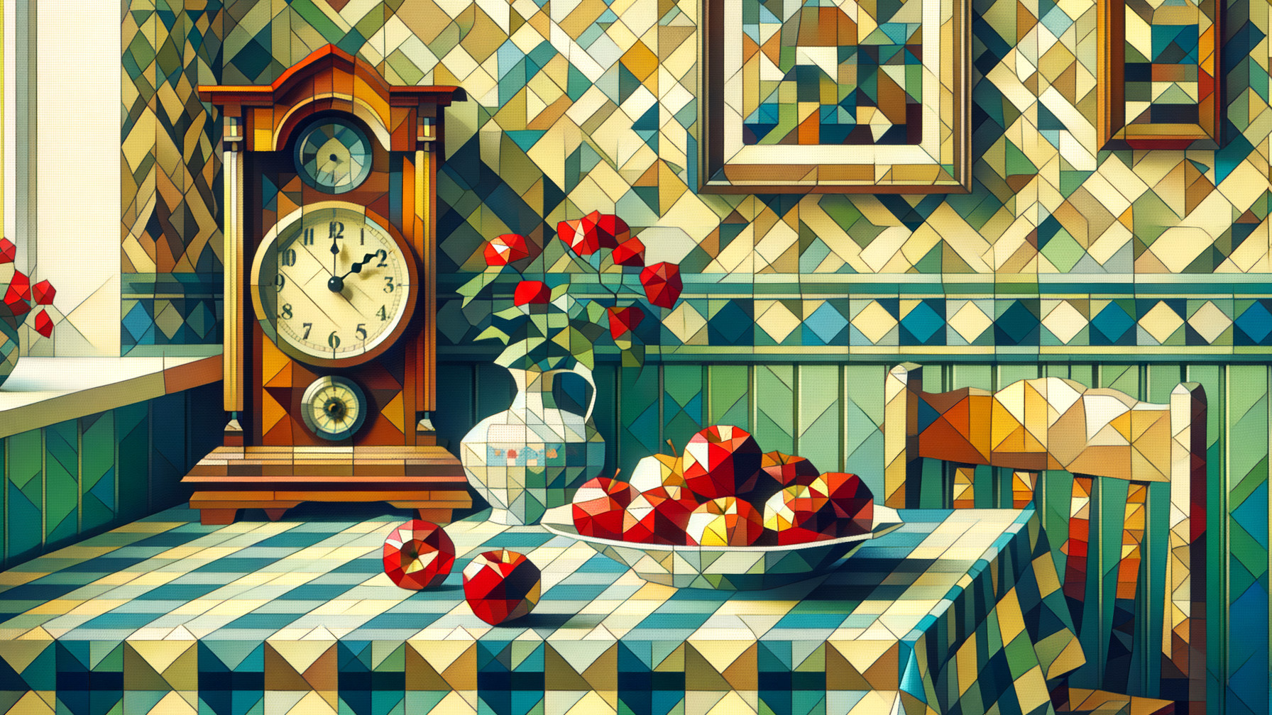 Geometric Kitchen Scene with Earthy Tones and Decor
