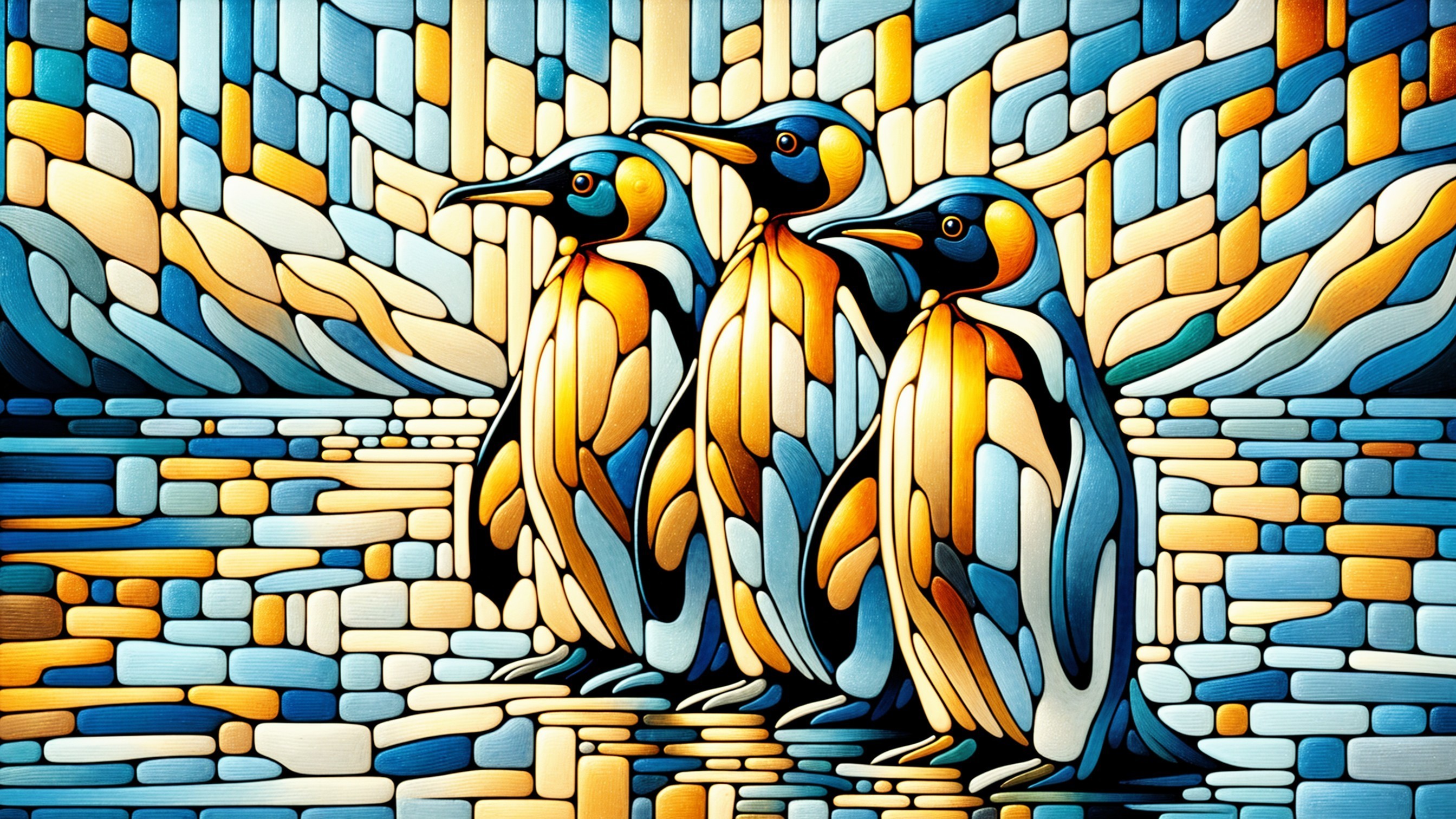 Stylized penguins with abstract background in vibrant colors