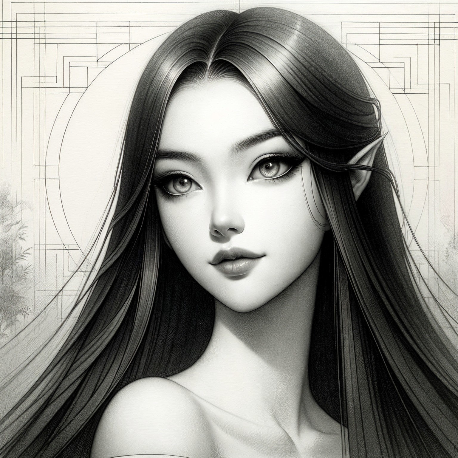 Black and White Illustration of a Young Elf Girl